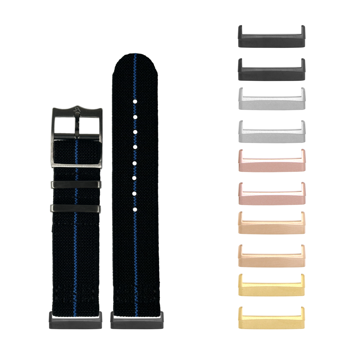 Black fabric smartwatch band with blue stripe and interchangeable metal buckles in multiple finish options including black, rose gold, and gold