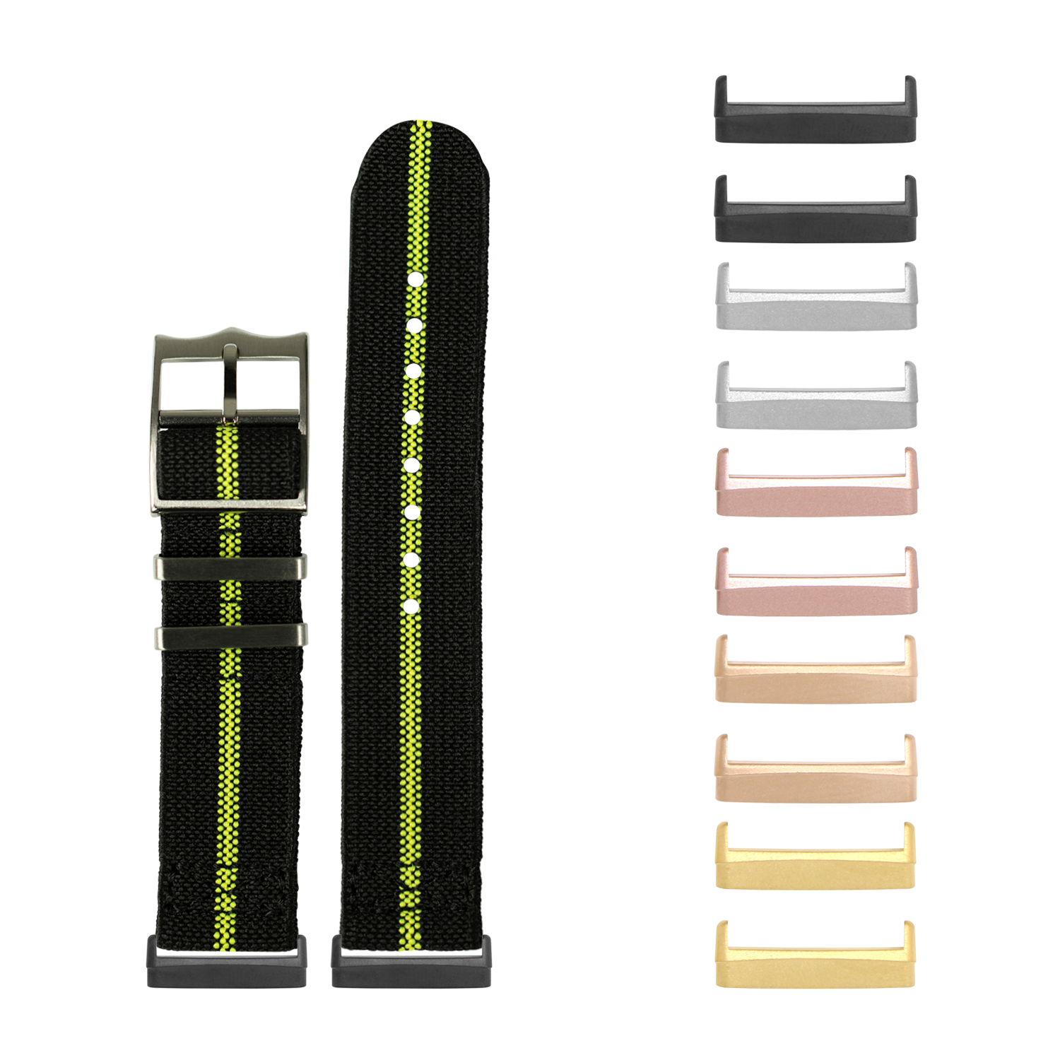 Black fluorescent green nylon smartwatch band with multiple interchangeable metal buckle options in various finishes