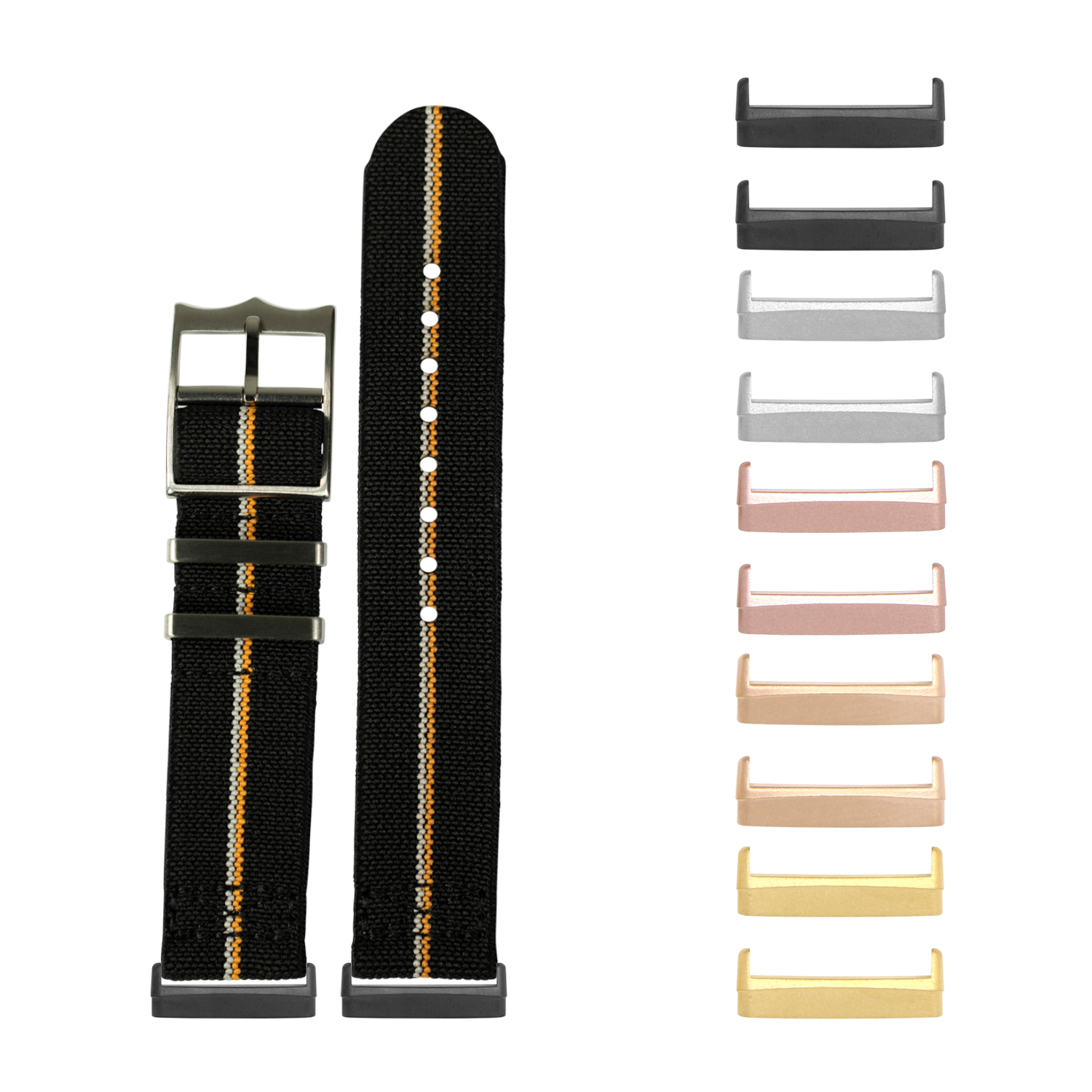 Black nylon watch band with orange and white stripe, interchangeable metal buckles in multiple finishes including black, rose gold, and gold