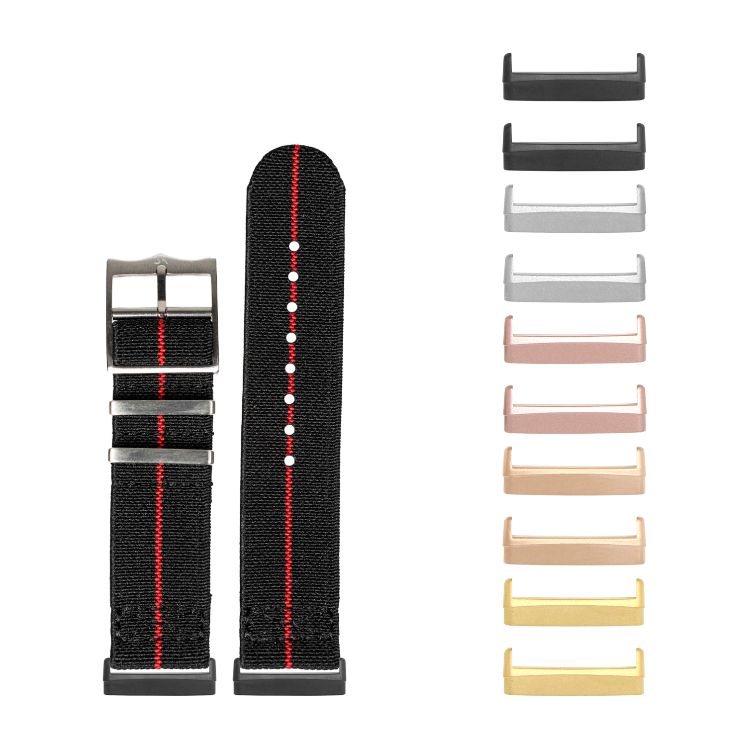 Black and red fabric watch band with interchangeable metal buckles in multiple finishes for Fitbit Versa and Sense models
