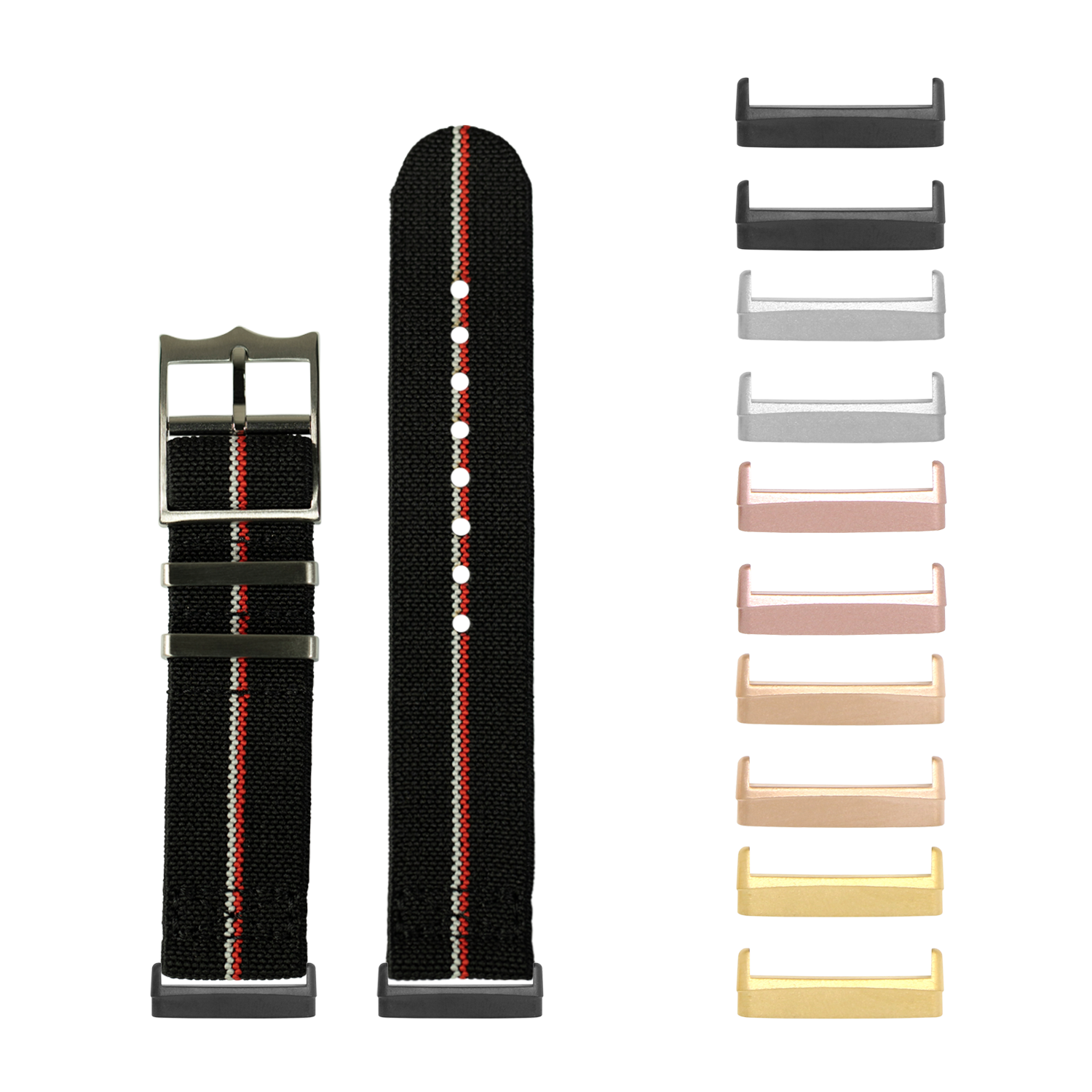 Black elastic watch band with red and white stripe and interchangeable metal casings in multiple finishes for Fitbit Versa and Sense