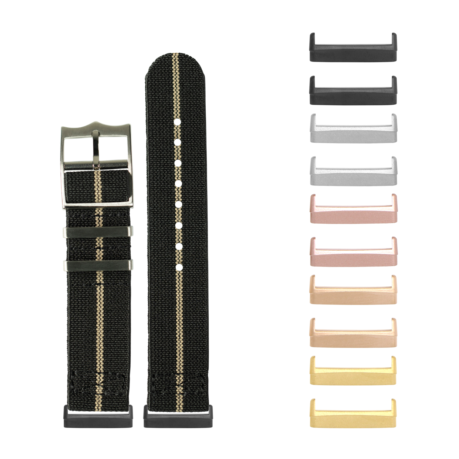 Black nylon watch band with wheat striping and interchangeable metal buckle in multiple finishes for Fitbit Versa and Sense