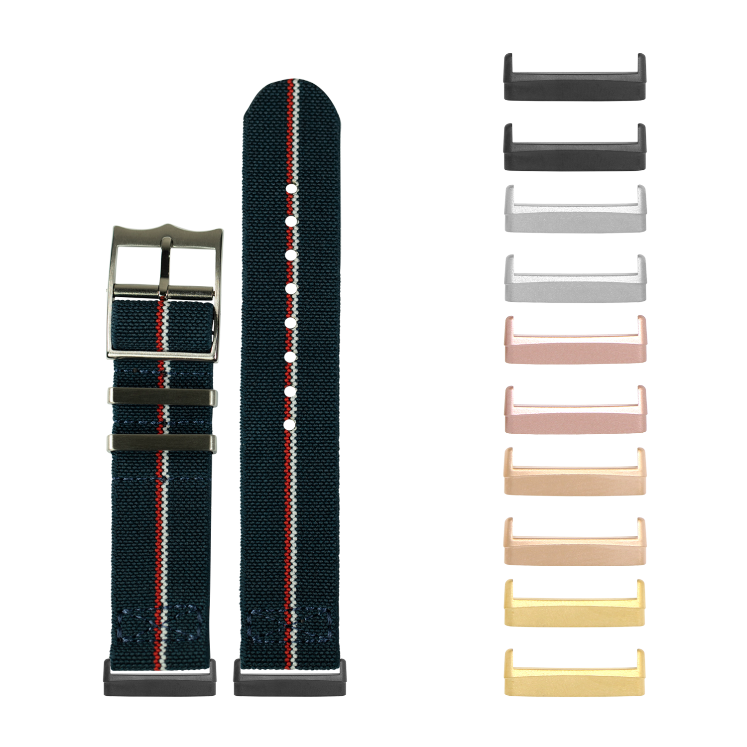 Navy blue elastic watch band with white and red stripe and interchangeable metal hardware in multiple finishes for Fitbit Versa and Sense