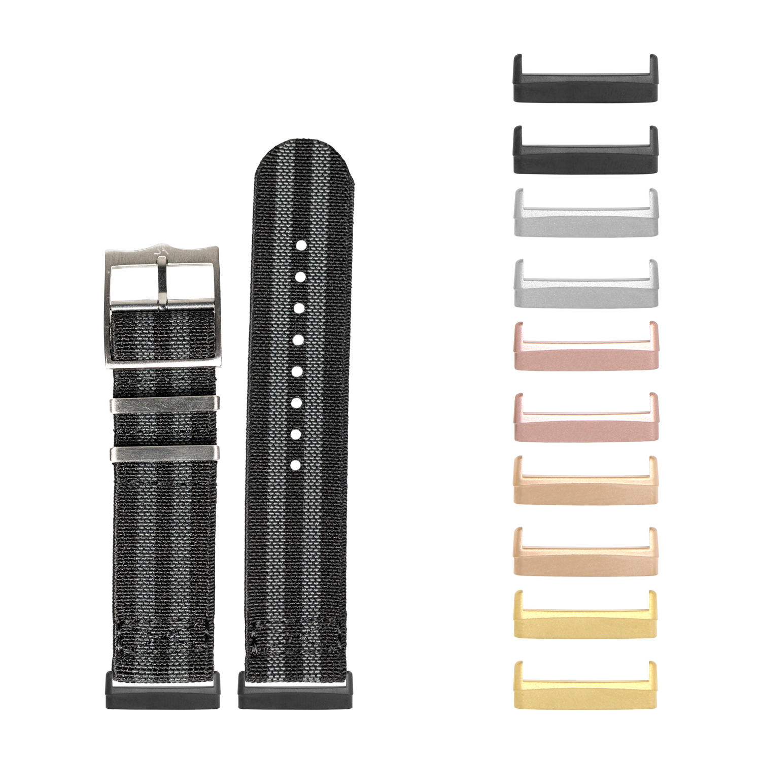 Black fabric watch band with interchangeable metal lugs in multiple finishes including black, silver, rose gold, and gold for Fitbit Versa Sense