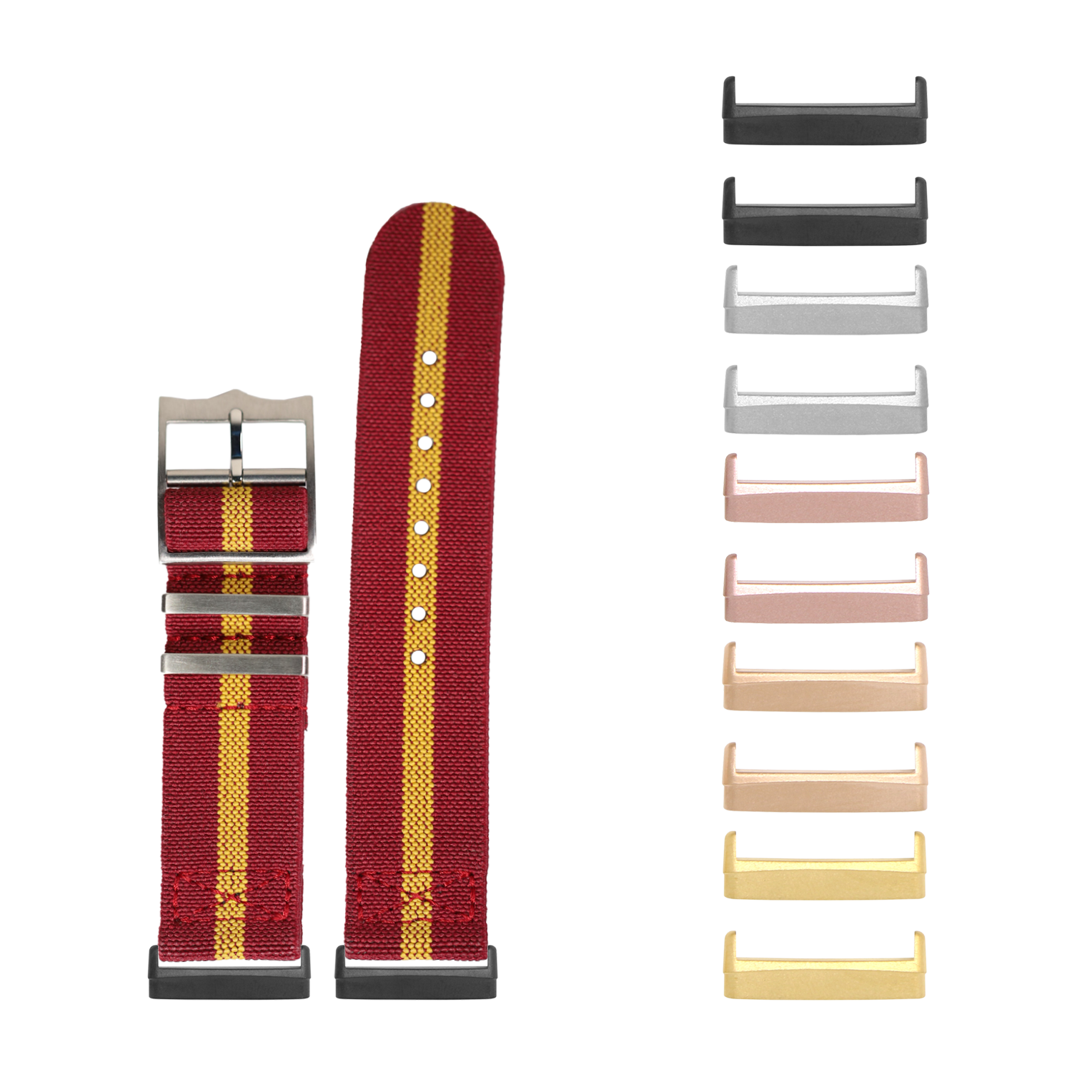 Red and yellow striped elastomer watch band with interchangeable metal hardware in multiple finishes for Fitbit Versa and Sense smartwatches