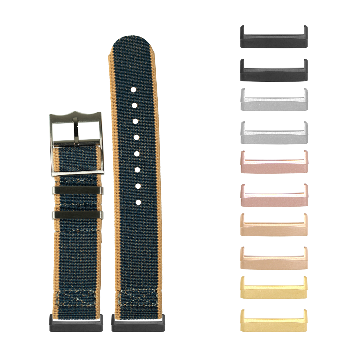 Denim wheat canvas watch band with interchangeable metal hardware connectors for Fitbit Versa and Sense smartwatches