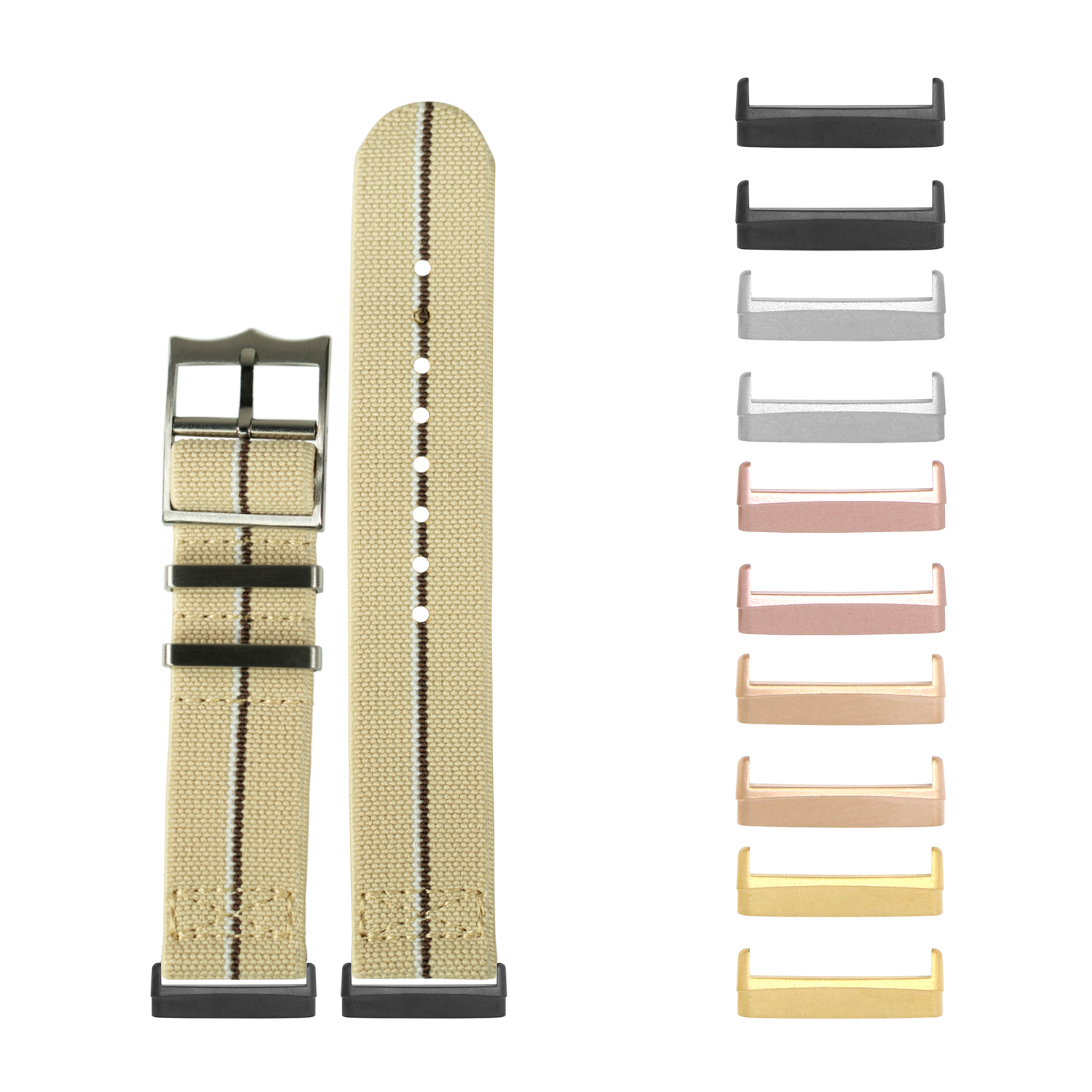 Tan fabric watch band with black hardware and interchangeable metal lugs in multiple finishes including black, silver, rose gold, and gold