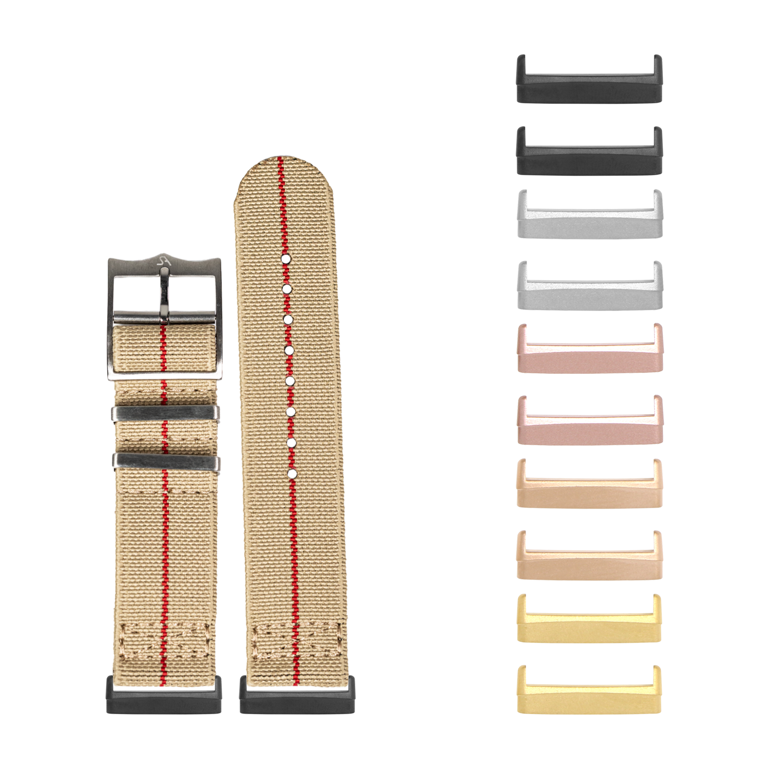 Natural woven watch band with red threading and interchangeable metal hardware in multiple finishes for Fitbit smartwatches