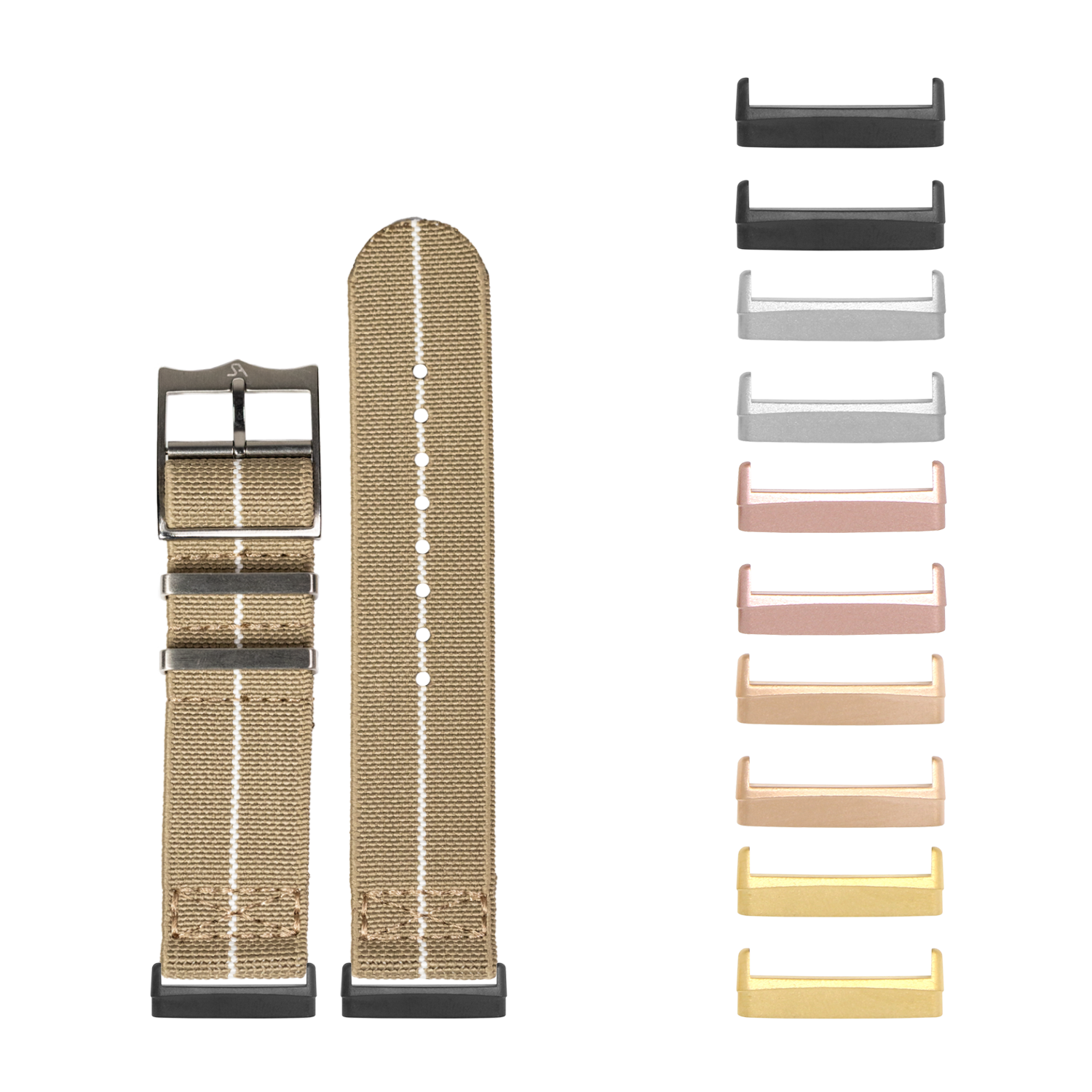 Fitbit Versa 3 4 Sense 1 2 ElastoFlex watch band in desert sand with white stripe and interchangeable metal connectors in multiple colors