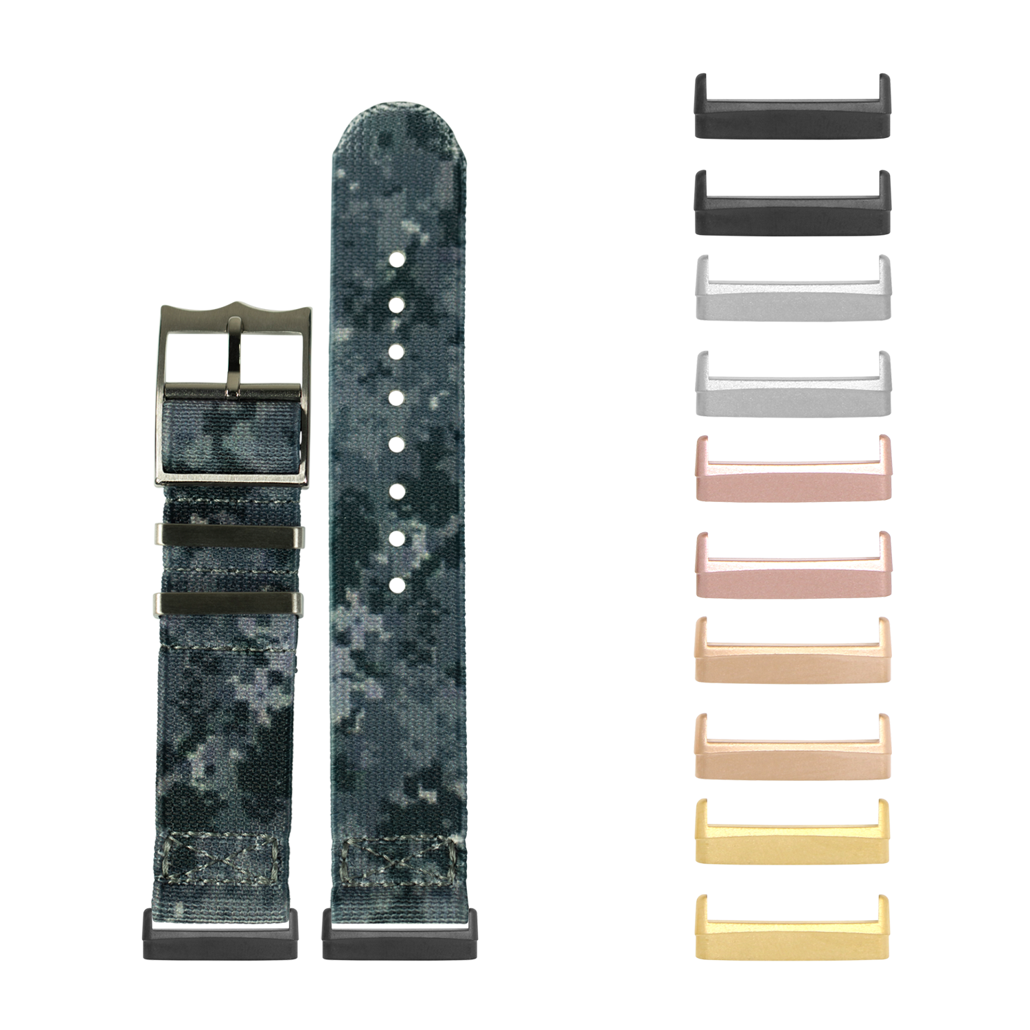 Digital camo fabric watch band with metal buckle and interchangeable adapters in multiple finishes for Fitbit Versa and Sense