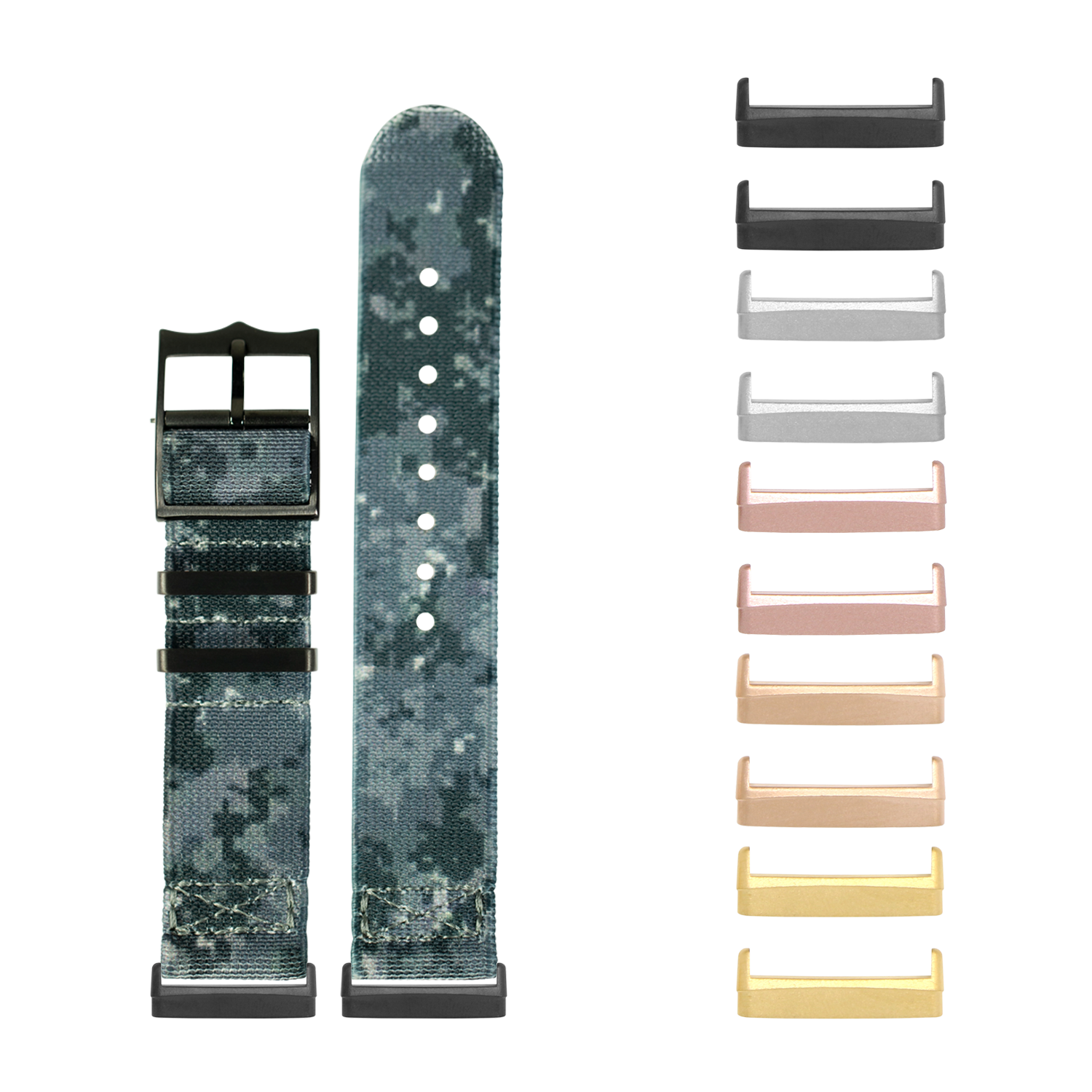 Digital camo elastoFlex watch band for Fitbit Versa and Sense with interchangeable black hardware and color options