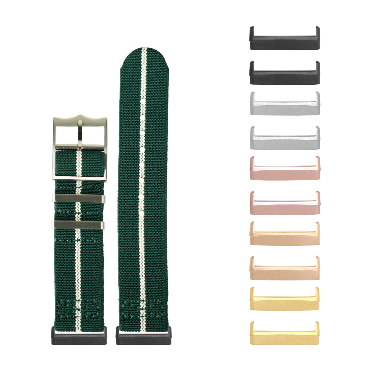 Green and white striped elastic watch band with interchangeable metal buckle hardware in multiple color options including black, rose gold, and gold