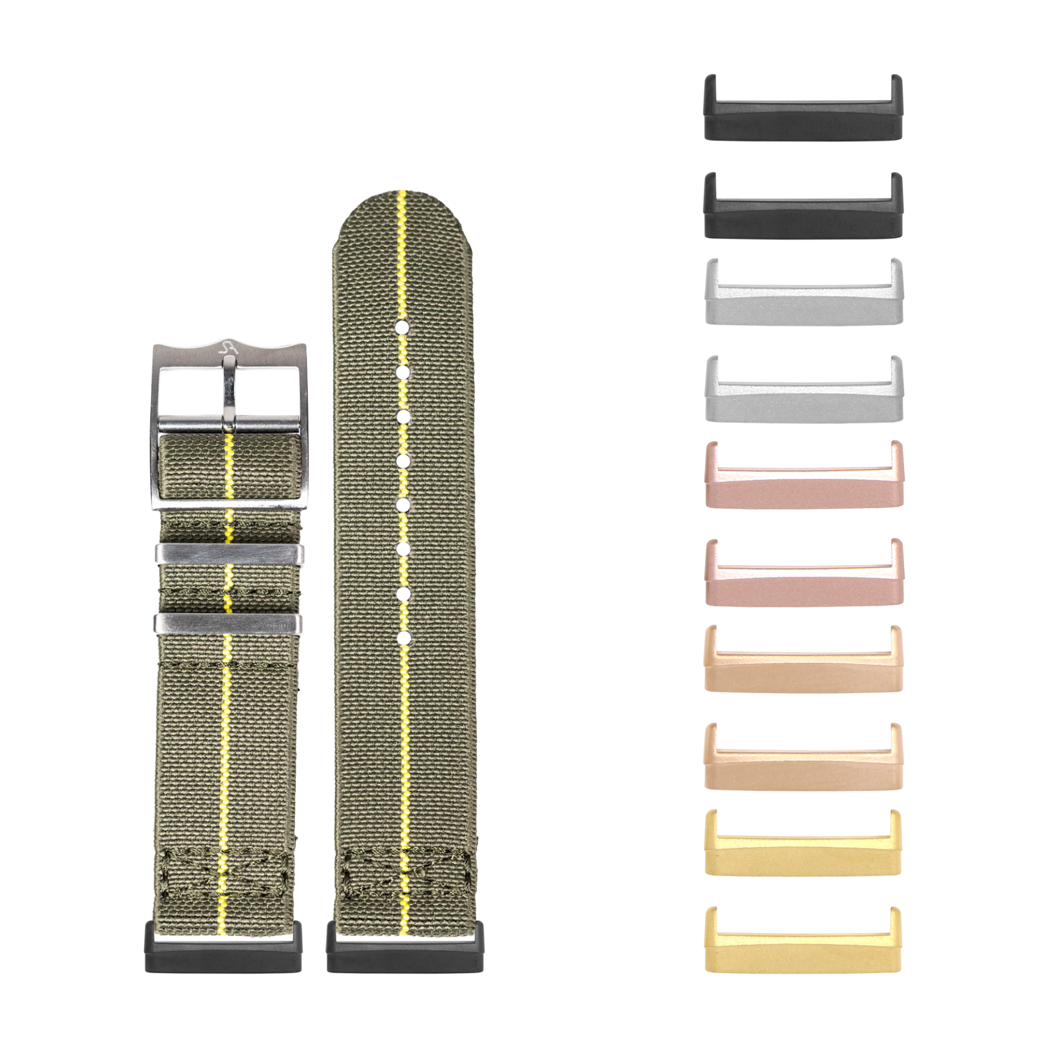 Olive green woven watch bands with yellow stripe and interchangeable metal buckles in multiple colors for Fitbit Versa and Sense smartwatches