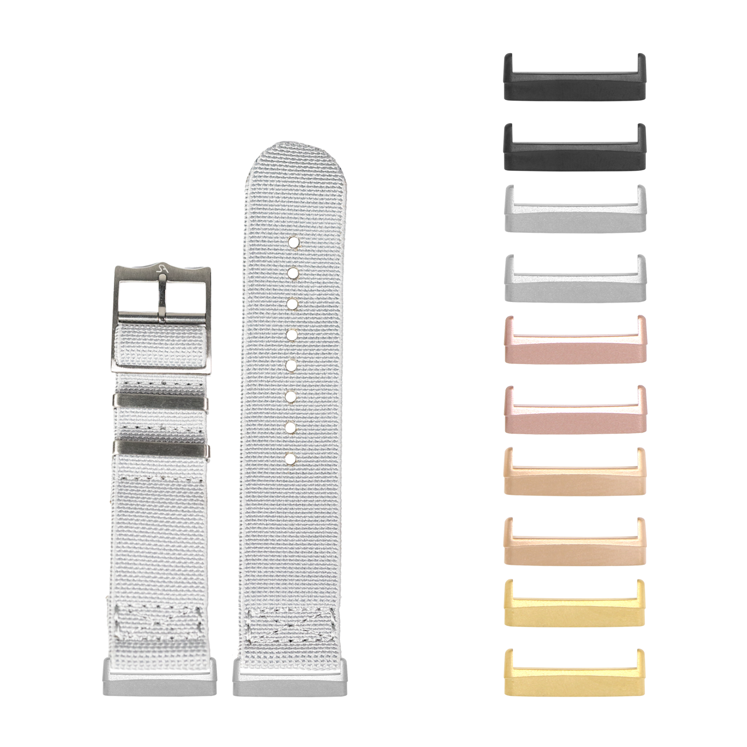 ElastoFlex grey fabric smartwatch band with interchangeable metal buckle and color swatch options for Fitbit Versa and Sense