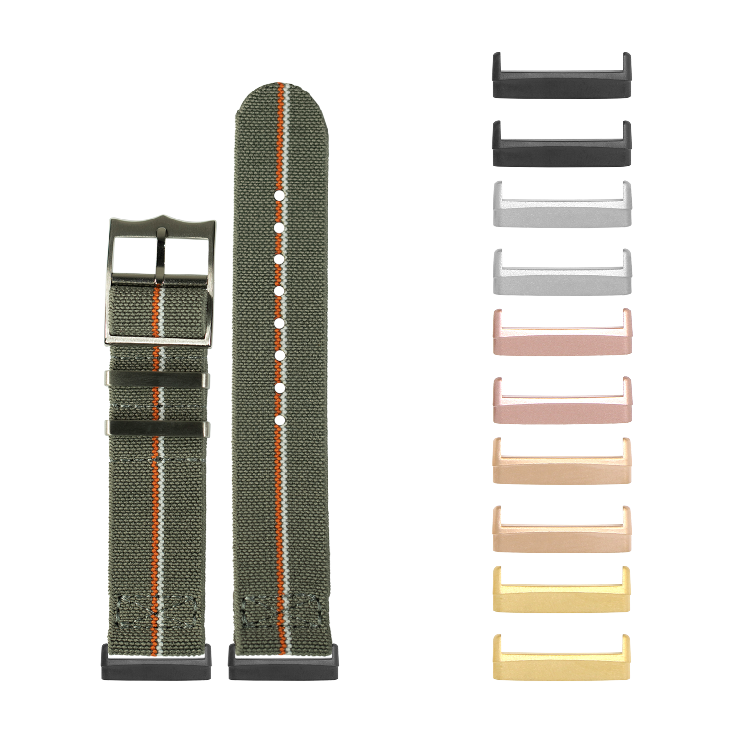 Green canvas watch band with orange stripe and interchangeable metal buckles in multiple finishes for Fitbit Versa and Sense smartwatches