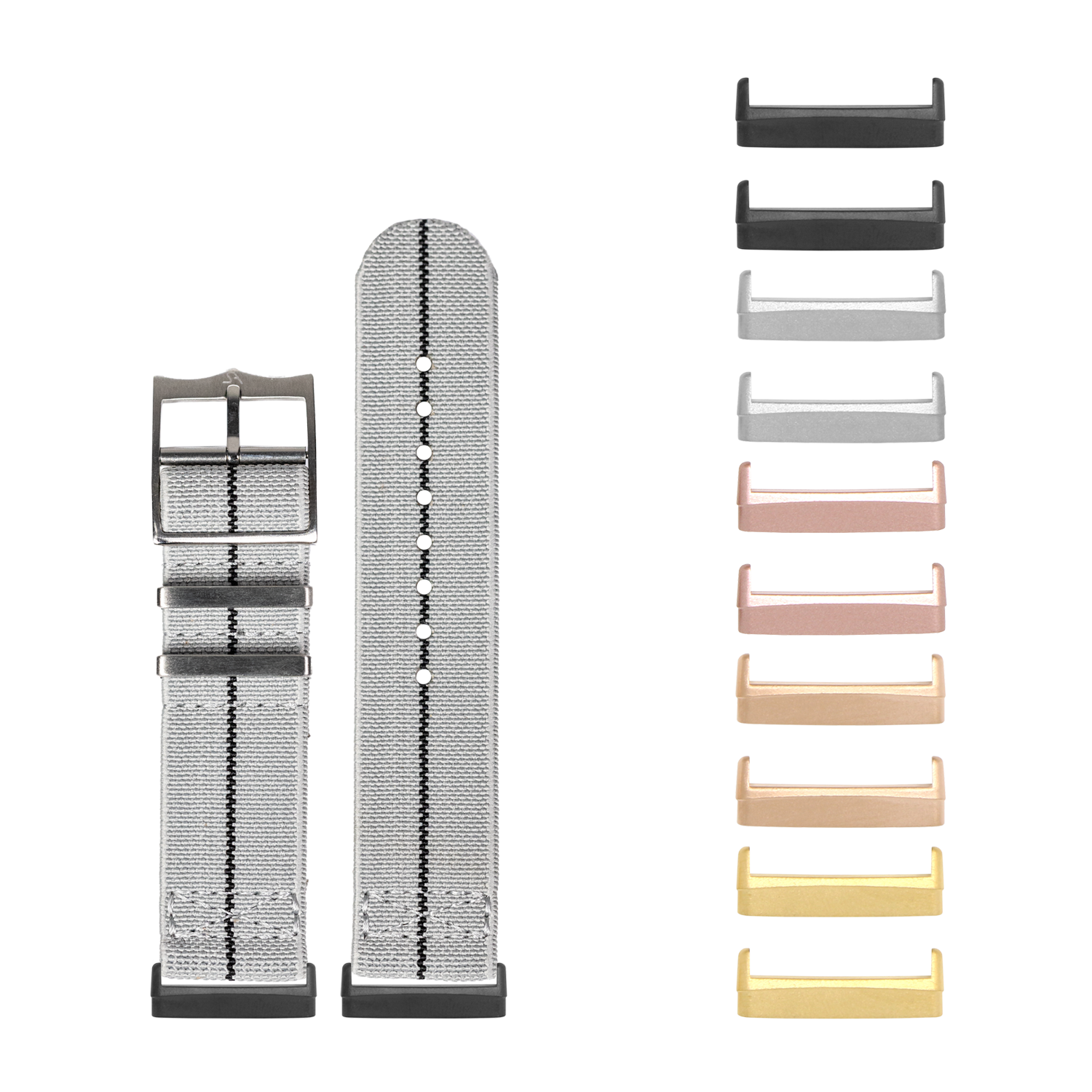 Elastic fabric watch bands for Fitbit Versa and Sense smartwatches in grey and black with interchangeable metal hardware connectors