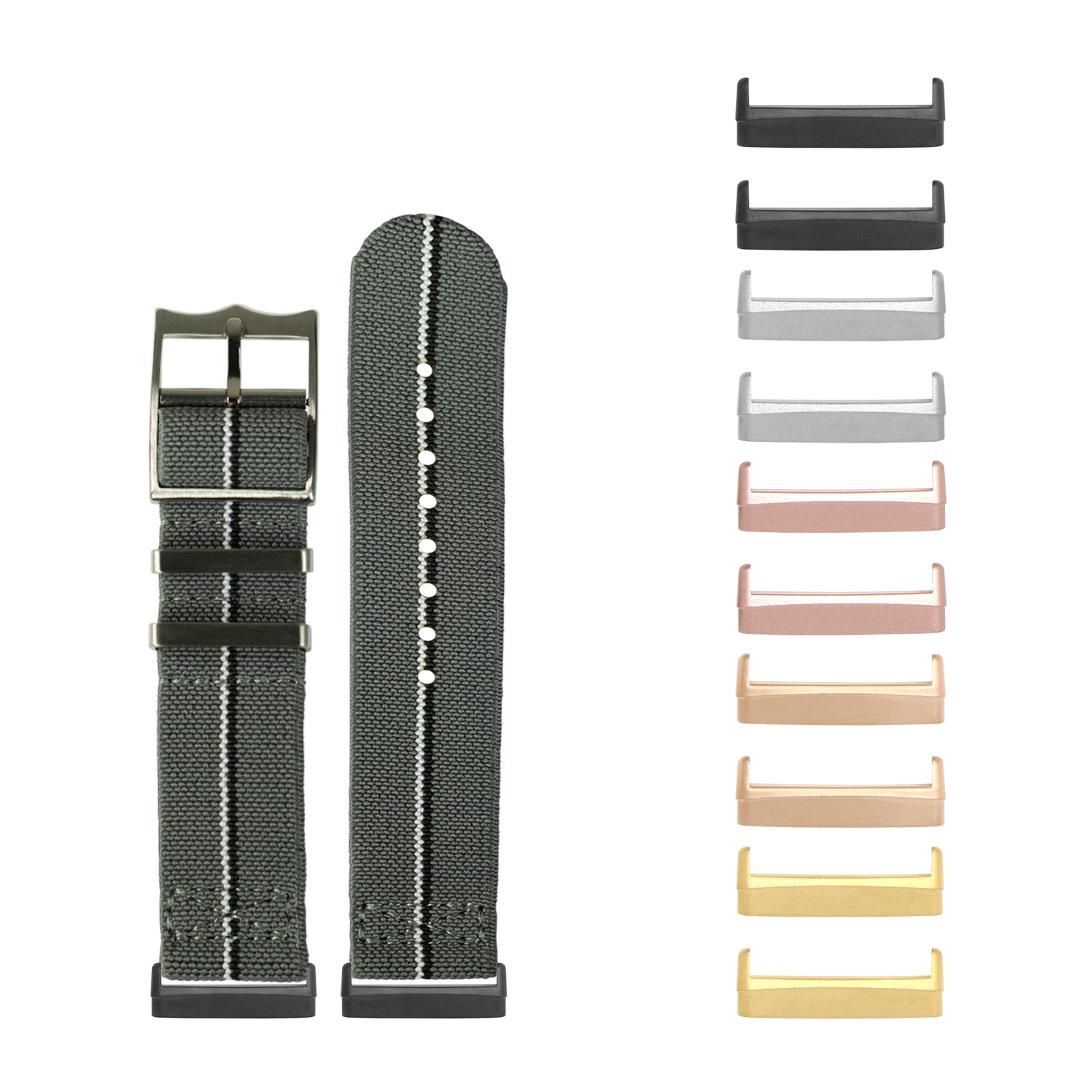 ElastoFlex interchangeable watch bands for Fitbit Versa 3 and 4 in grey with metal buckle and multiple color lugs displayed
