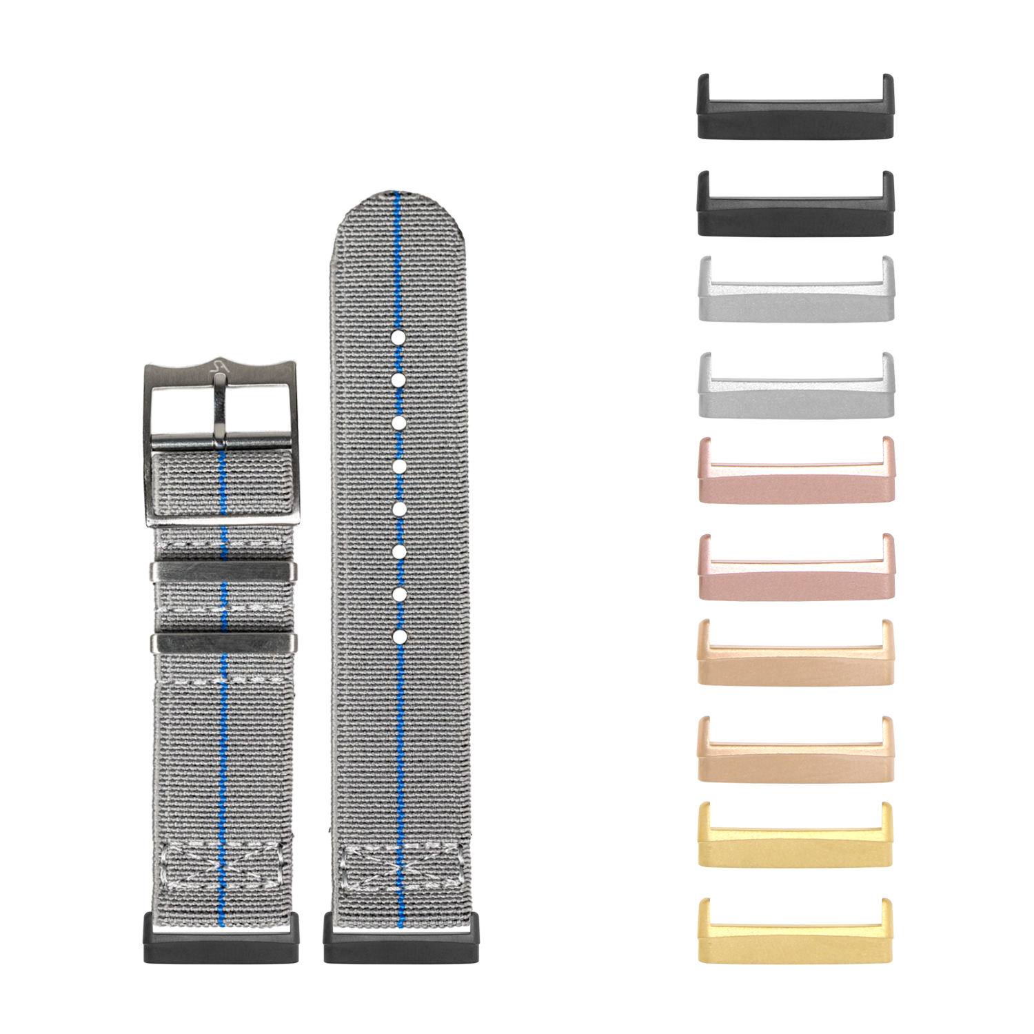 Grey fabric watch bands with blue stripe and interchangeable metal hardware in multiple finishes for Fitbit Versa and Sense smartwatches