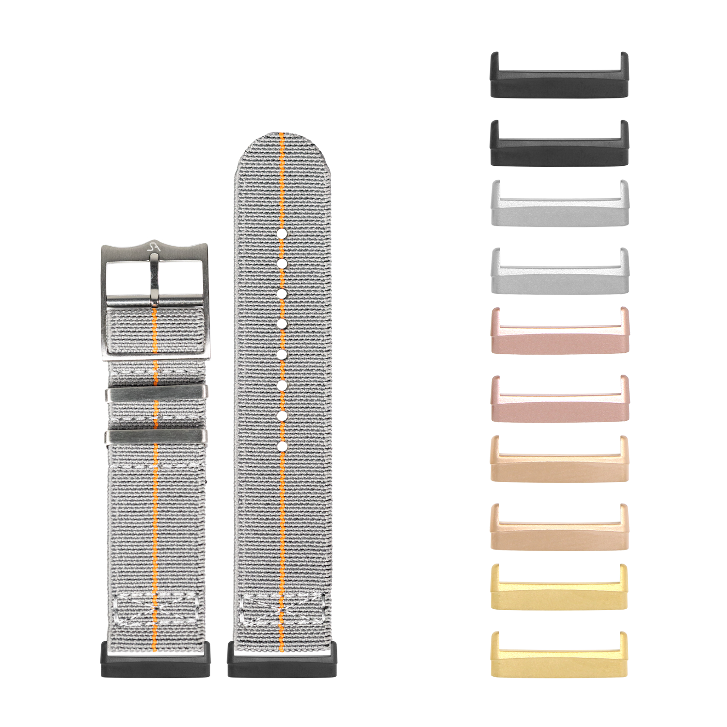 Grey and orange woven watch band with metal buckle and interchangeable metal hardware in multiple finish colors