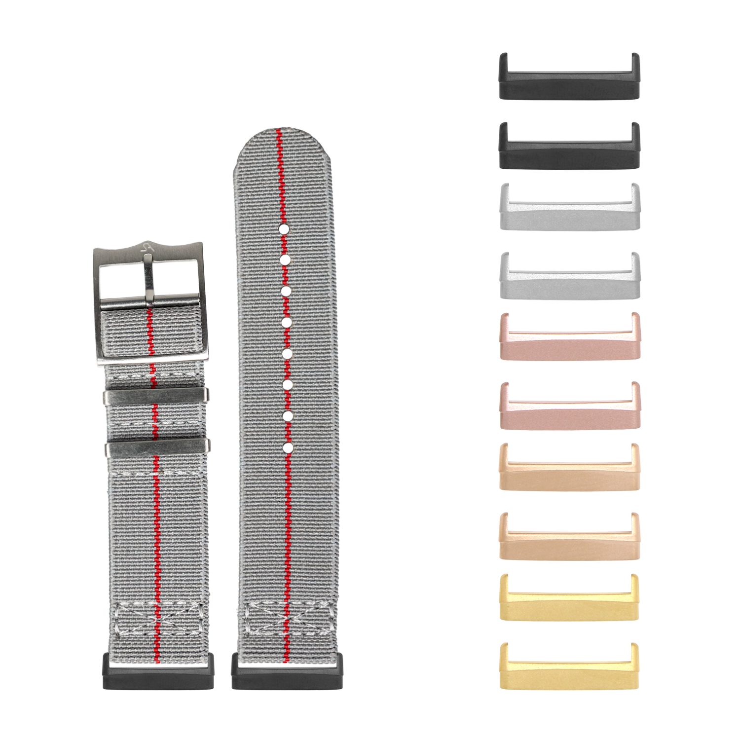 ElastoFlex grey fabric watch strap with red stitching and interchangeable metal buckles in multiple finishes for Fitbit Versa and Sense