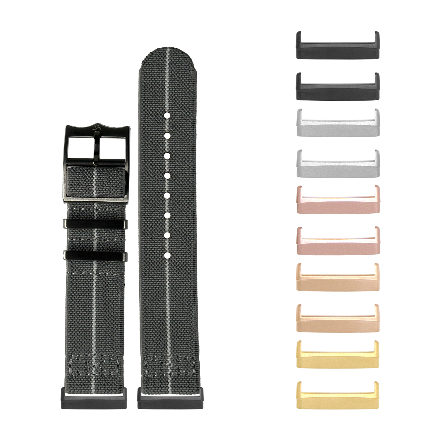 ElastoFlex smartwatch bands and interchangeable metal lugs in multiple colors including black, grey, rose gold, and gold for Fitbit Versa and Sense watches
