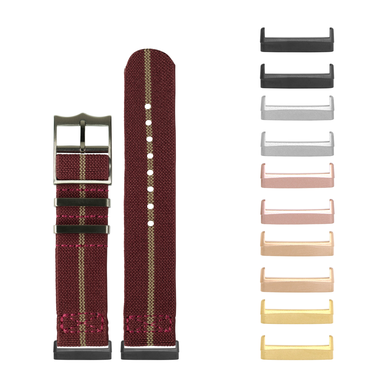 Burgundy canvas watch band with white dot pattern and interchangeable metal hardware in multiple finishes including black, rose gold, and gold for Fitbit Versa and Sense smartwatches