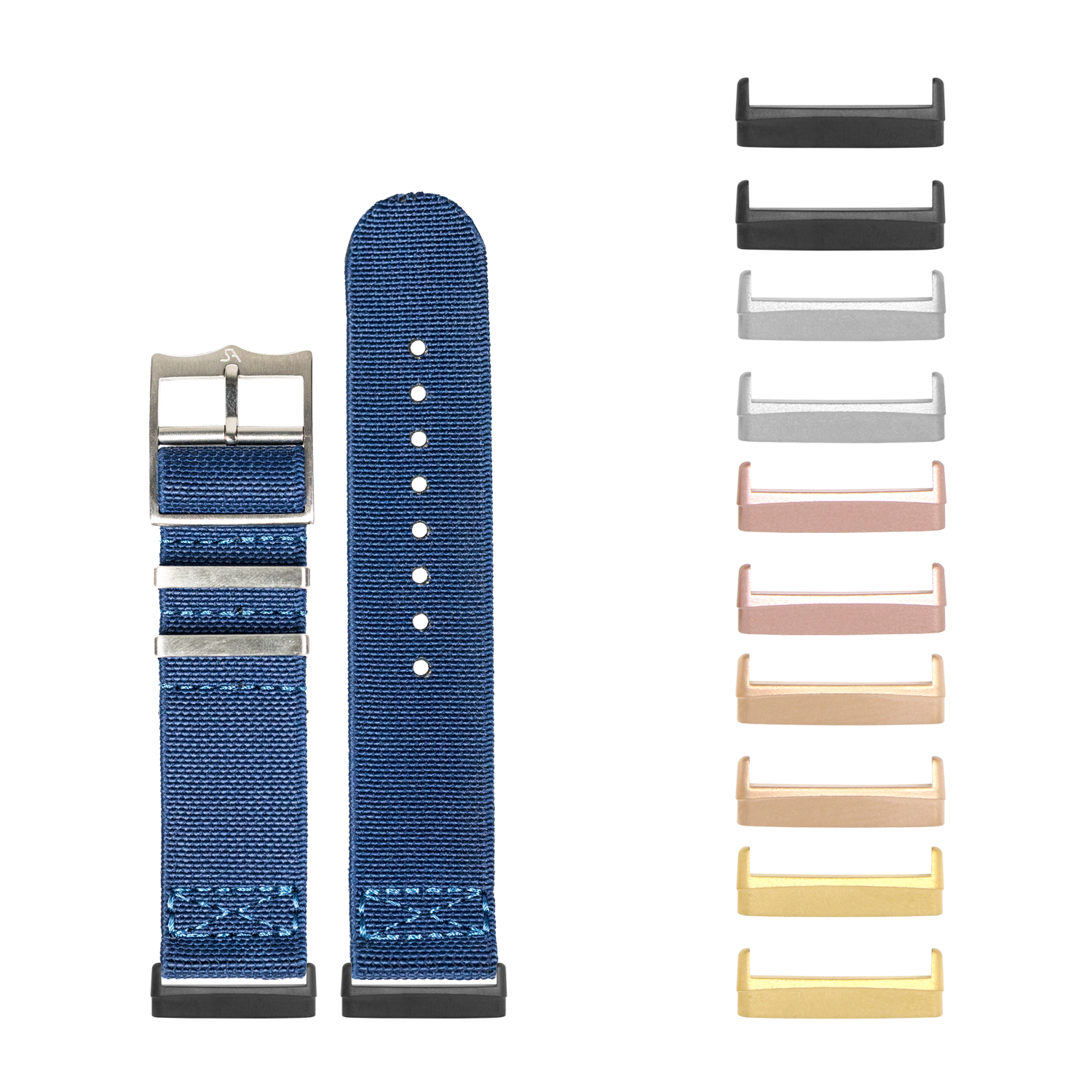 Blue fabric smartwatch band with interchangeable metal hardware in multiple finishes including black, rose gold, and gold