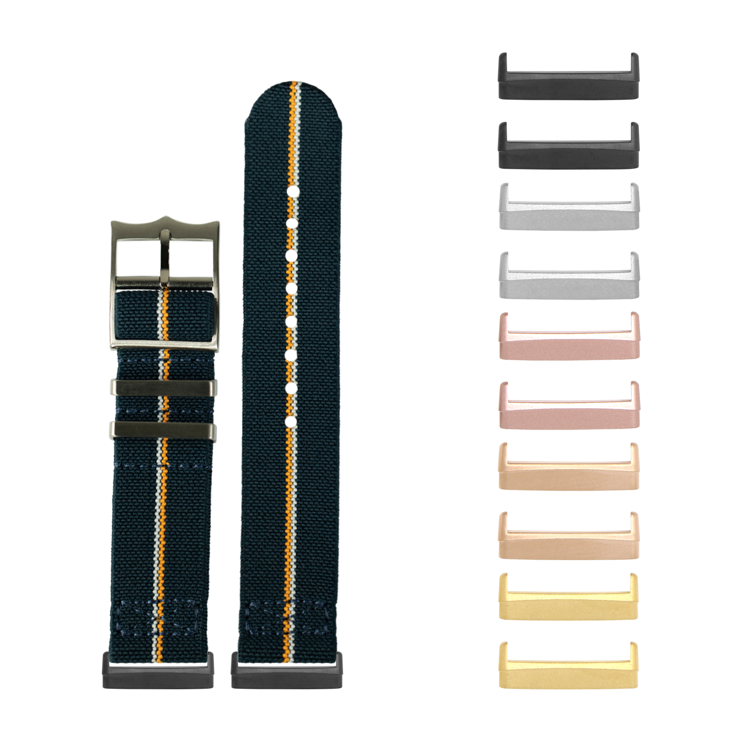 Navy blue fabric watch band with orange and white stripes, interchangeable metal case options in multiple colors for Fitbit Versa and Sense smartwatches
