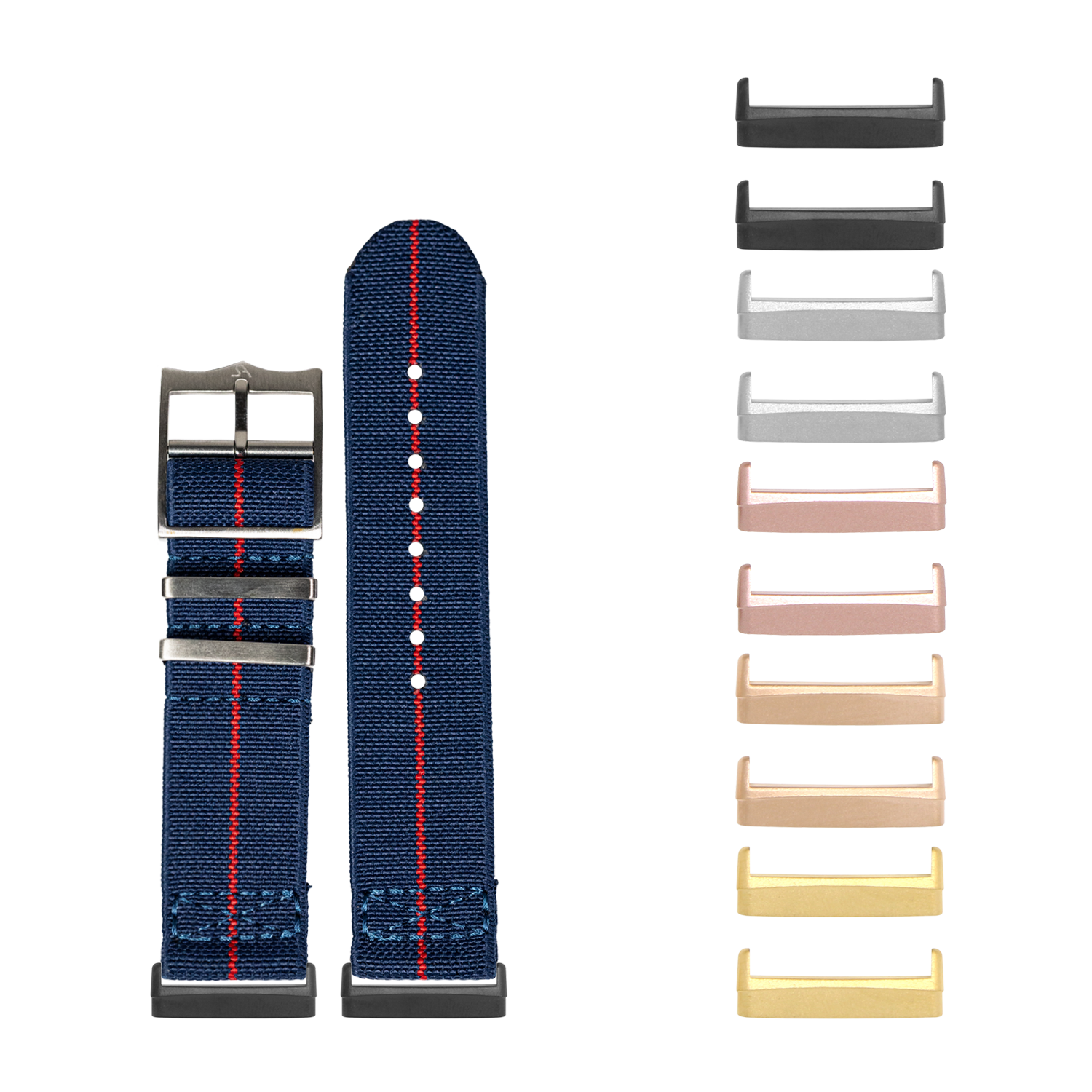 Navy blue fabric watch strap with red stripe and interchangeable metal buckle in multiple color options for Fitbit Versa and Sense smartwatches