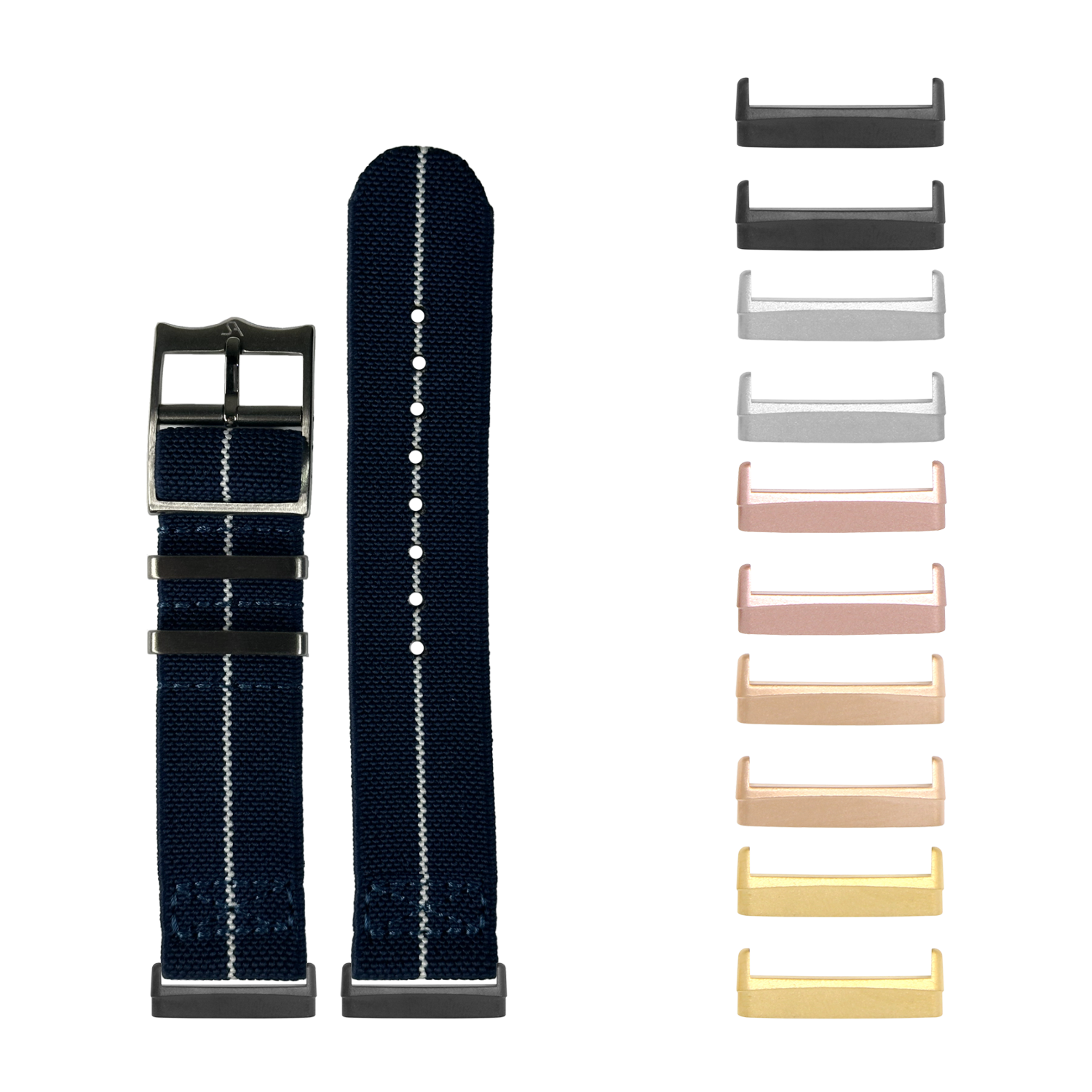 Navy blue woven fabric watch band with white stripe and interchangeable metal lugs in multiple finishes for Fitbit Versa and Sense