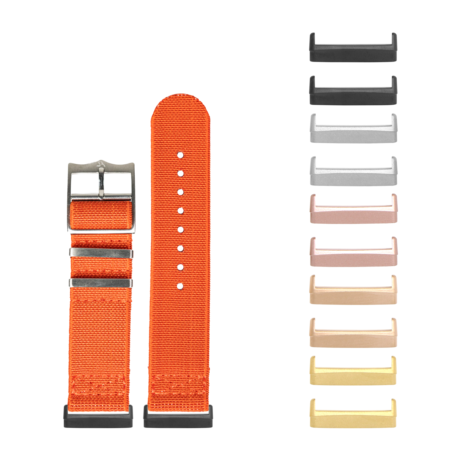 Orange ElastoFlex watch band with interchangeable metal connectors in multiple colors for Fitbit Versa and Sense watches