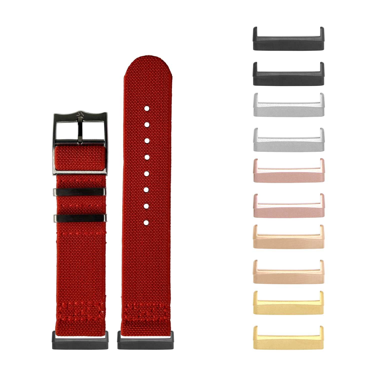 Red nylon fabric smartwatch band with black metal buckle and interchangeable metal case hardware in multiple color finishes