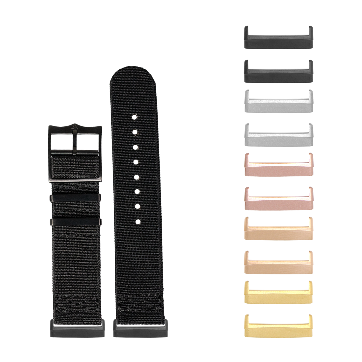 Black nylon smartwatch band with interchangeable hardware in multiple metal finishes for Fitbit Versa and Sense models