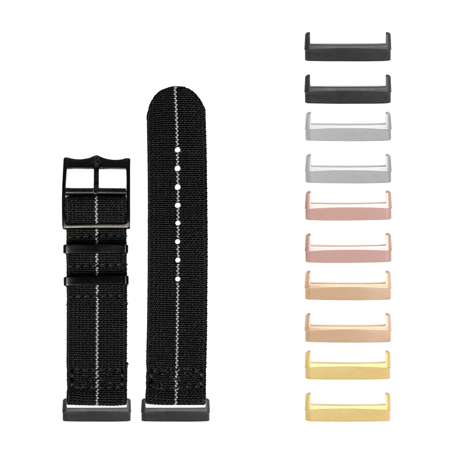 Black elastic fabric watch band with white stitching and interchangeable black hardware lugs for Fitbit Versa and Sense smartwatches, shown with color options