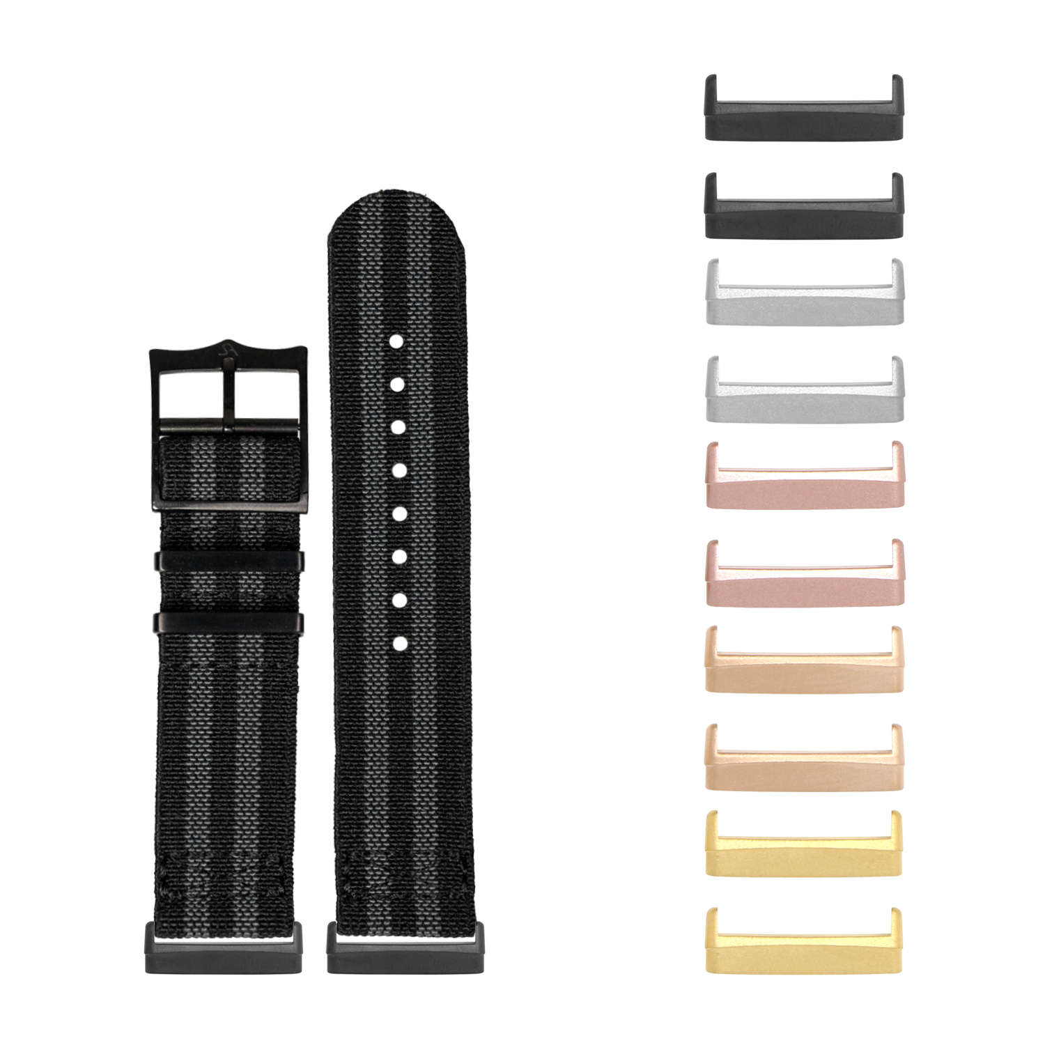 Black fabric watch band with interchangeable metal hardware in multiple finishes including black, silver, rose gold, and gold options