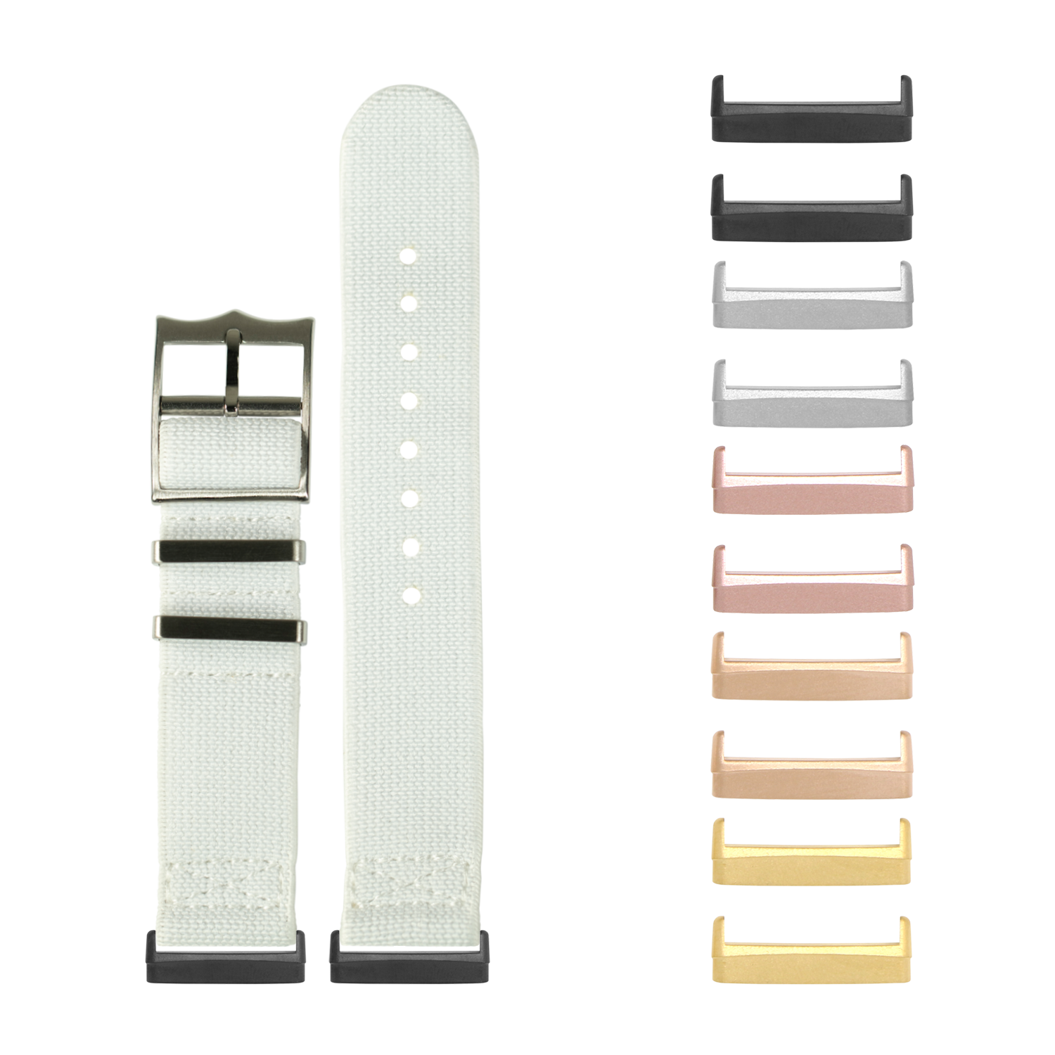 White fabric watch band with interchangeable metal lugs in multiple colors including black, rose gold, and gold finishes