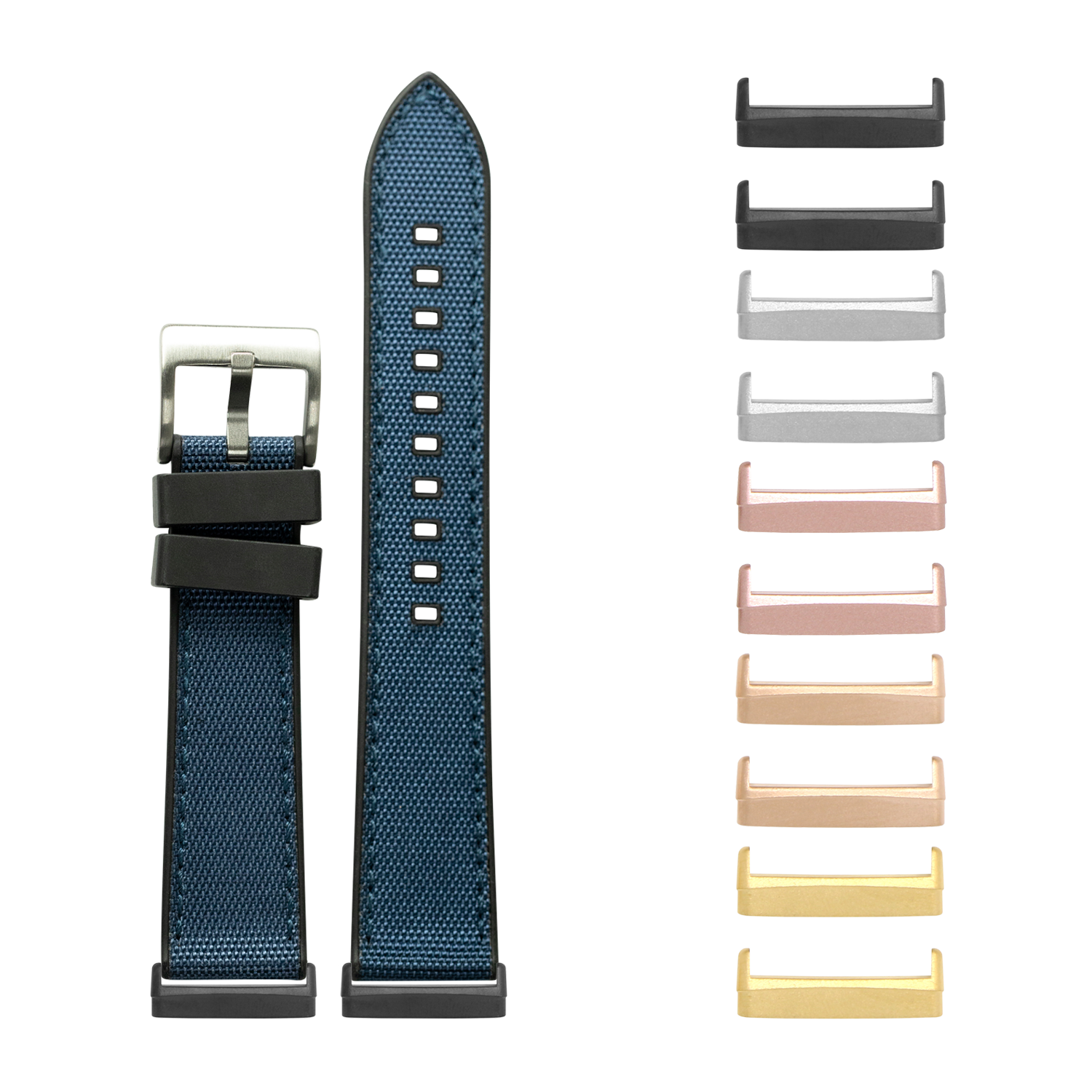 Blue sailcloth watch band with black rubber hybrid strap and interchangeable metal lugs in multiple finishes for Fitbit Versa and Sense smartwatches