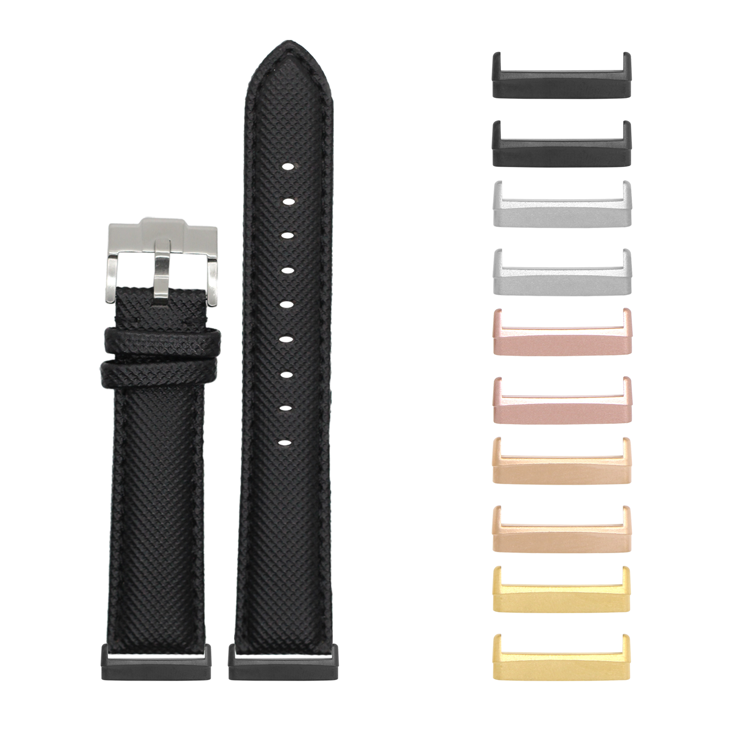 Black sailcloth watch band for Fitbit Versa 3, Versa 4, Sense 1 and Sense 2 with interchangeable metal hardware in multiple finishes