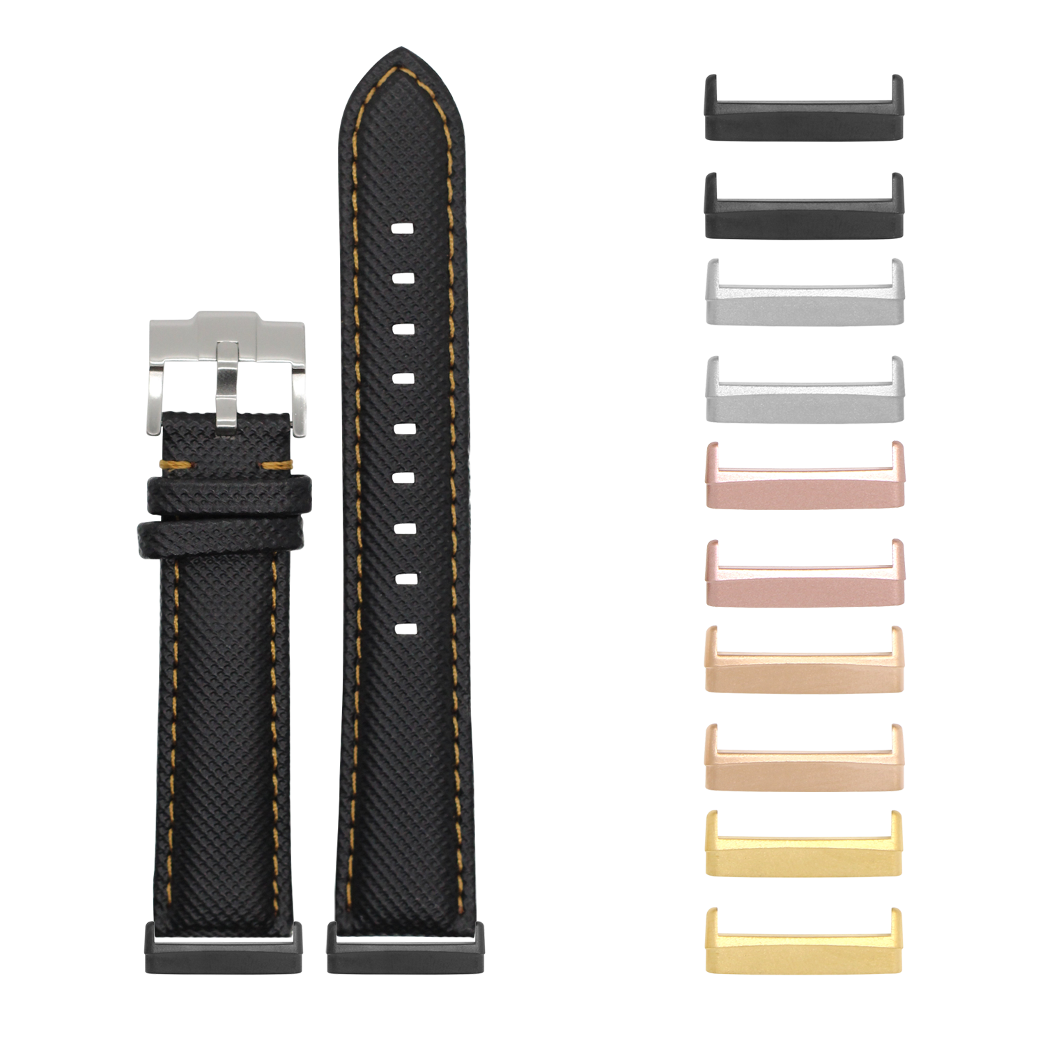 Black sailcloth watch band with gold stitching and interchangeable metal buckle, includes multiple color connector options for Fitbit Versa and Sense