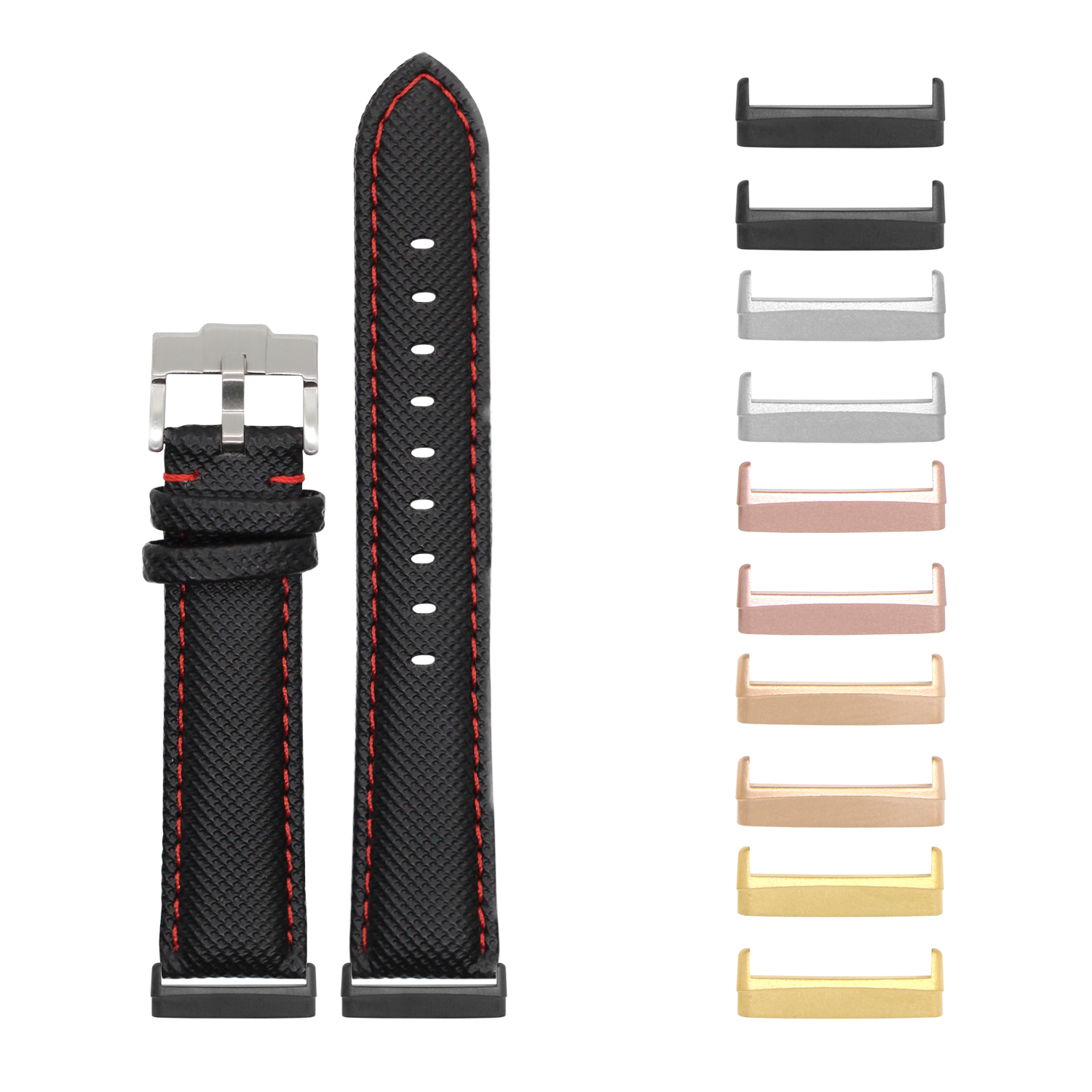 Black sailcloth watch band with red stitching and interchangeable metal lugs in multiple colors for Fitbit Versa and Sense