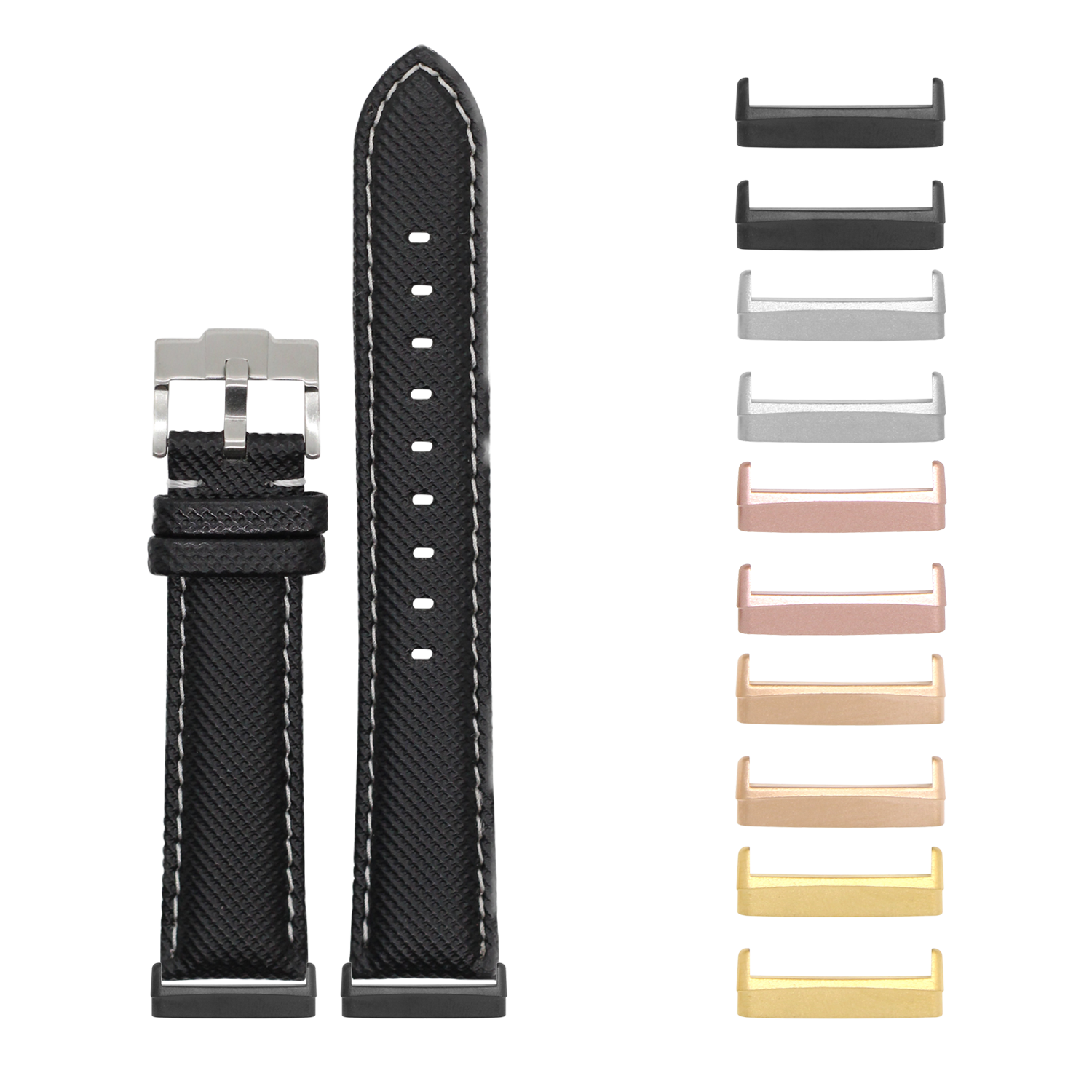 Black sailcloth watch band with white stitching and interchangeable metal lugs in multiple finish options for Fitbit Versa and Sense