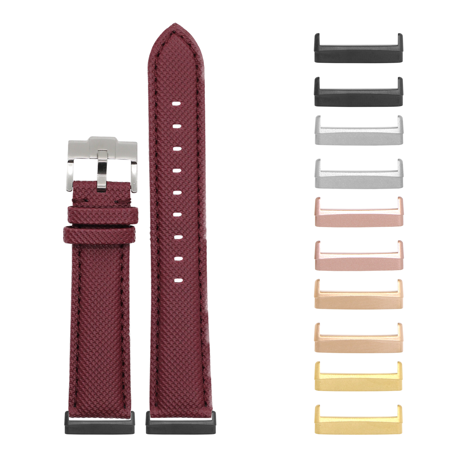 Burgundy red sailcloth watch band with silver buckle for Fitbit Versa and Sense smartwatches, shown with interchangeable metal lugs in multiple finishes