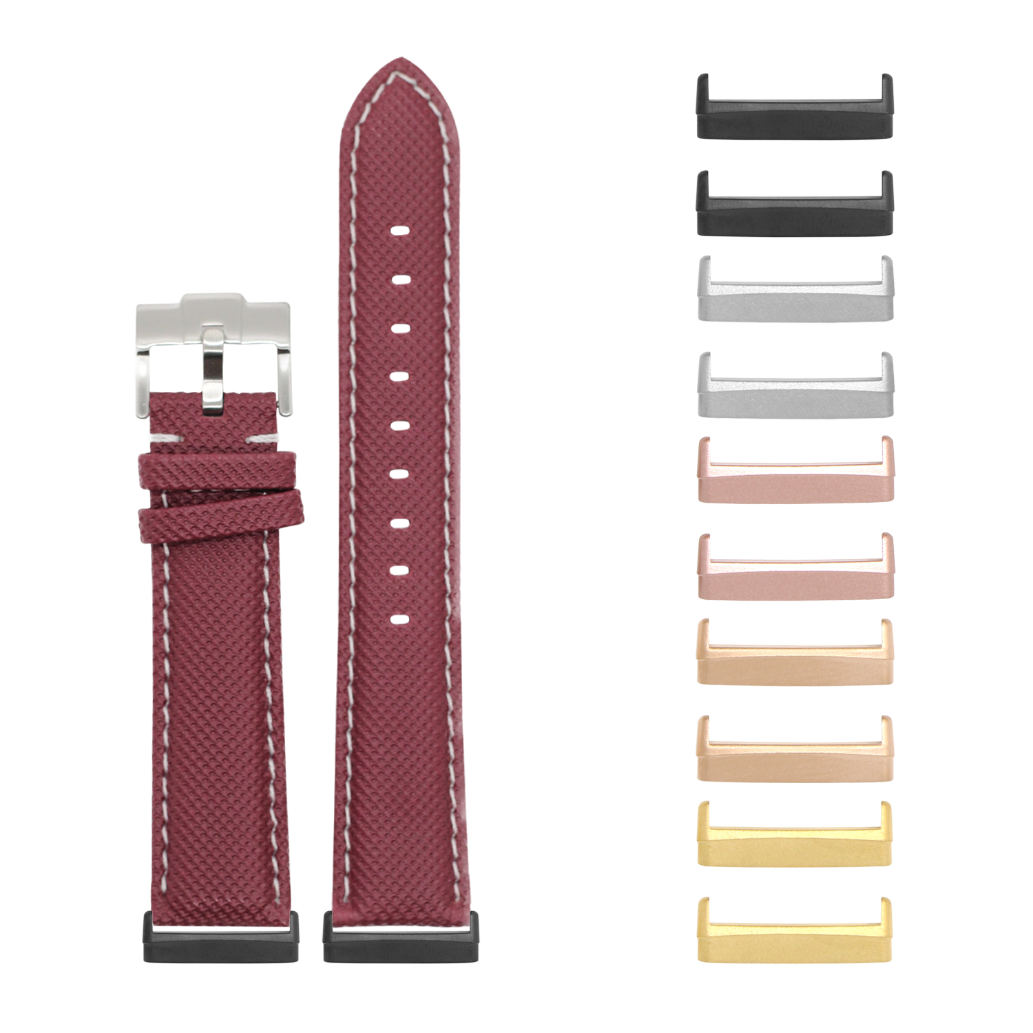 Burgundy sailcloth watch band with white stitching and interchangeable metal case kit for Fitbit Versa and Sense smartwatches