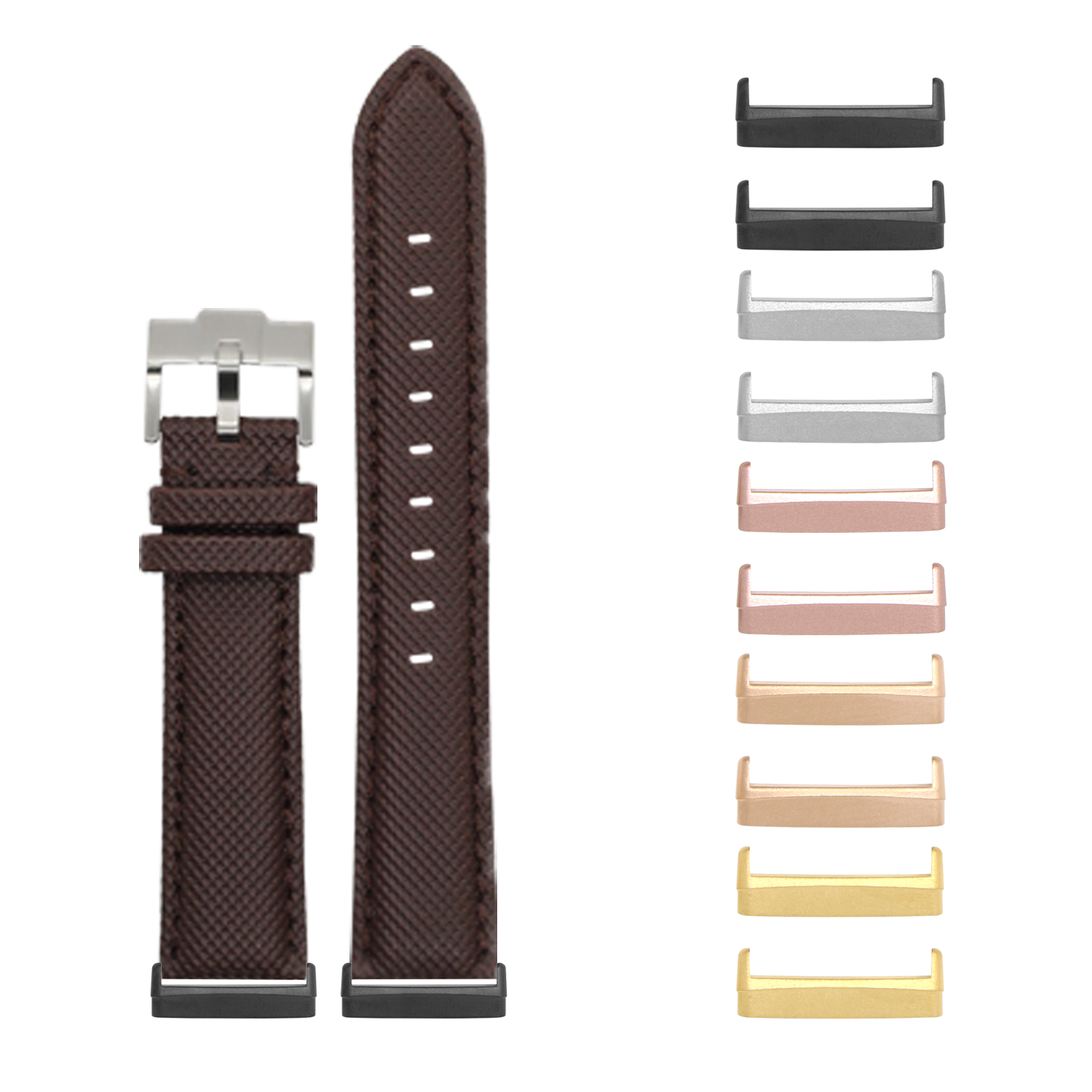 Brown sailcloth watch band with interchangeable metal adapters for Fitbit Versa and Sense smartwatches