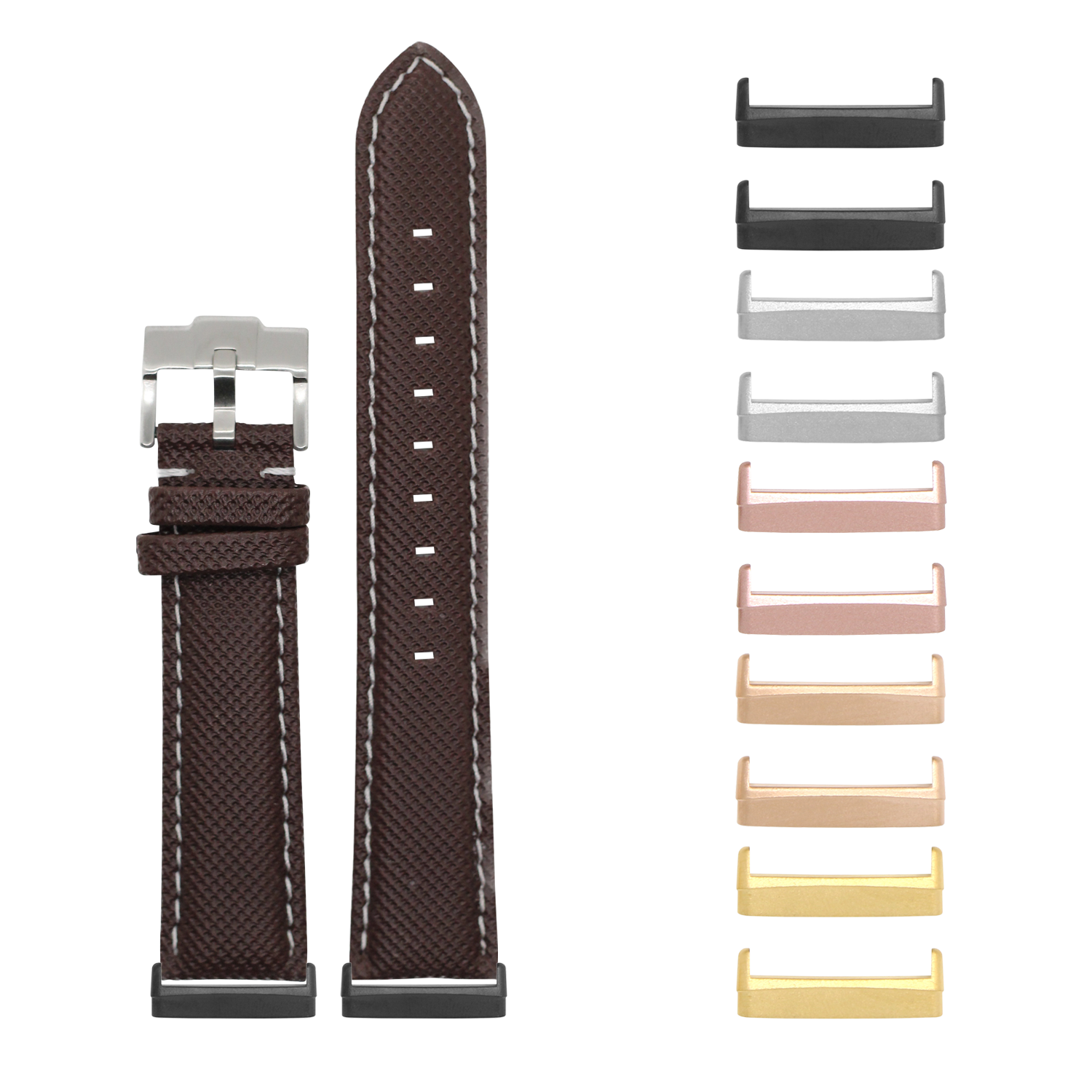 Brown sailcloth watch band with white stitching for Fitbit Versa and Sense smartwatches, featuring interchangeable metal lugs in multiple finishes