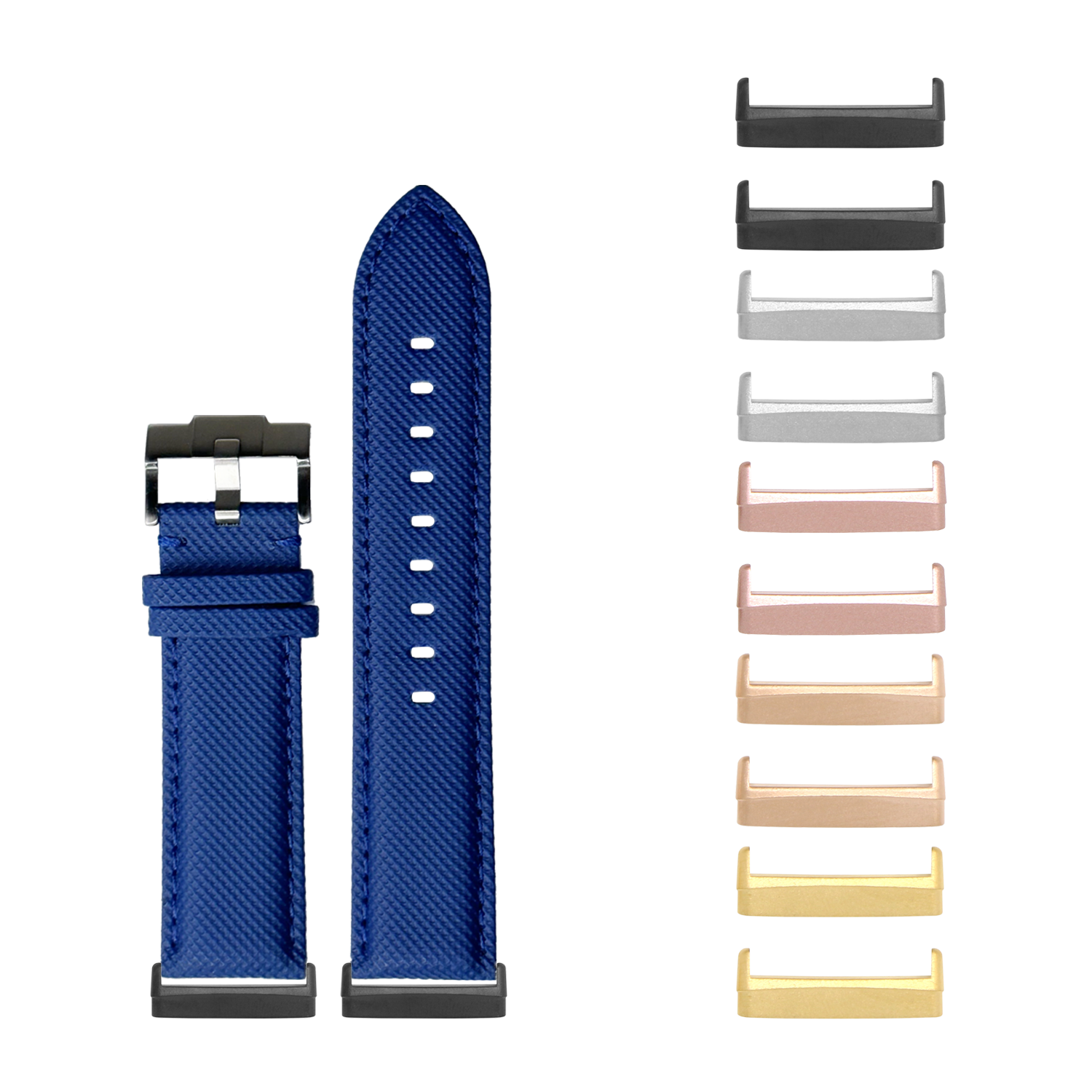 Blue sailcloth watch band with interchangeable metal hardware connectors in multiple finishes for Fitbit Versa and Sense smartwatch