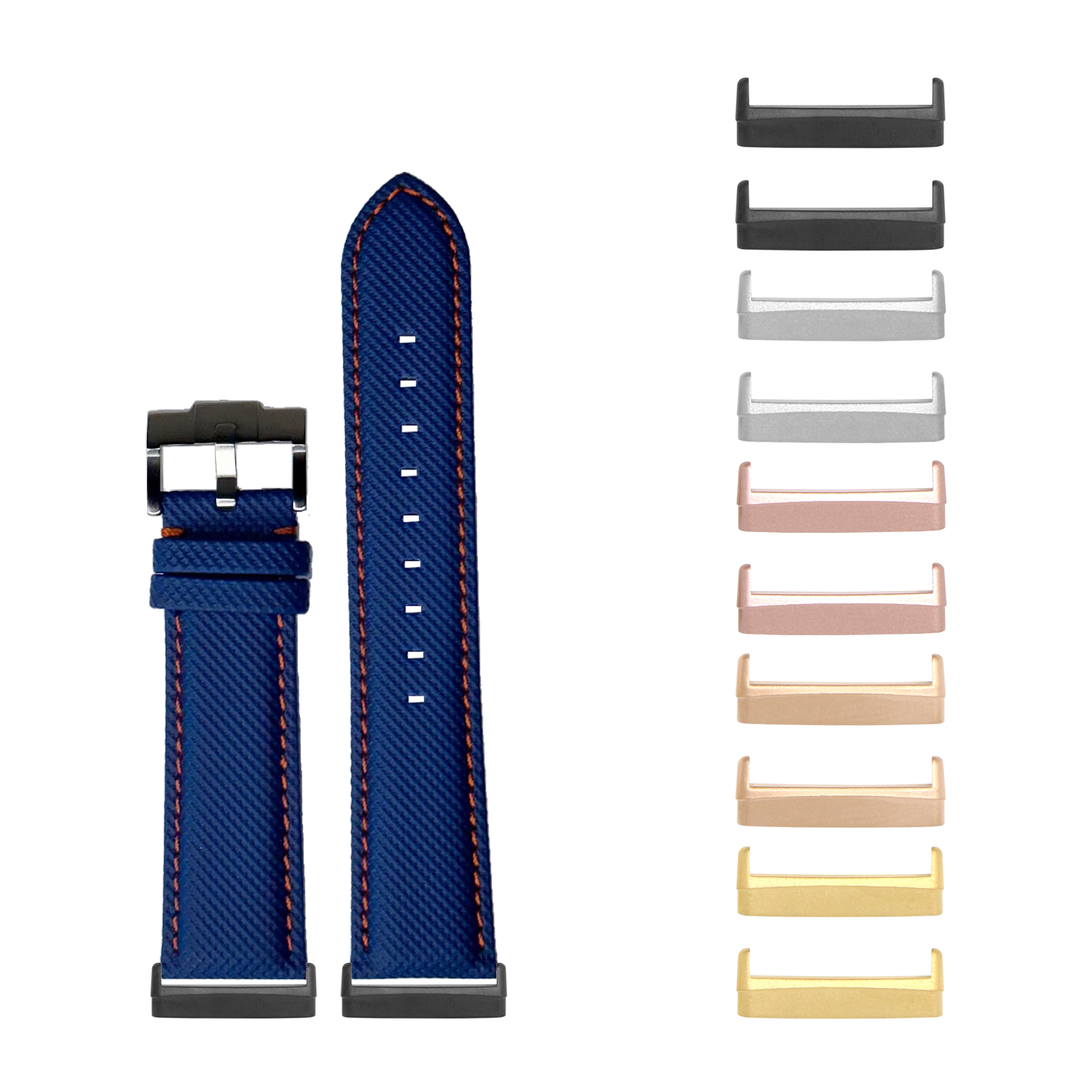 Blue sailcloth watch band with orange stitching and interchangeable metal bezels in multiple colors for Fitbit Versa and Sense