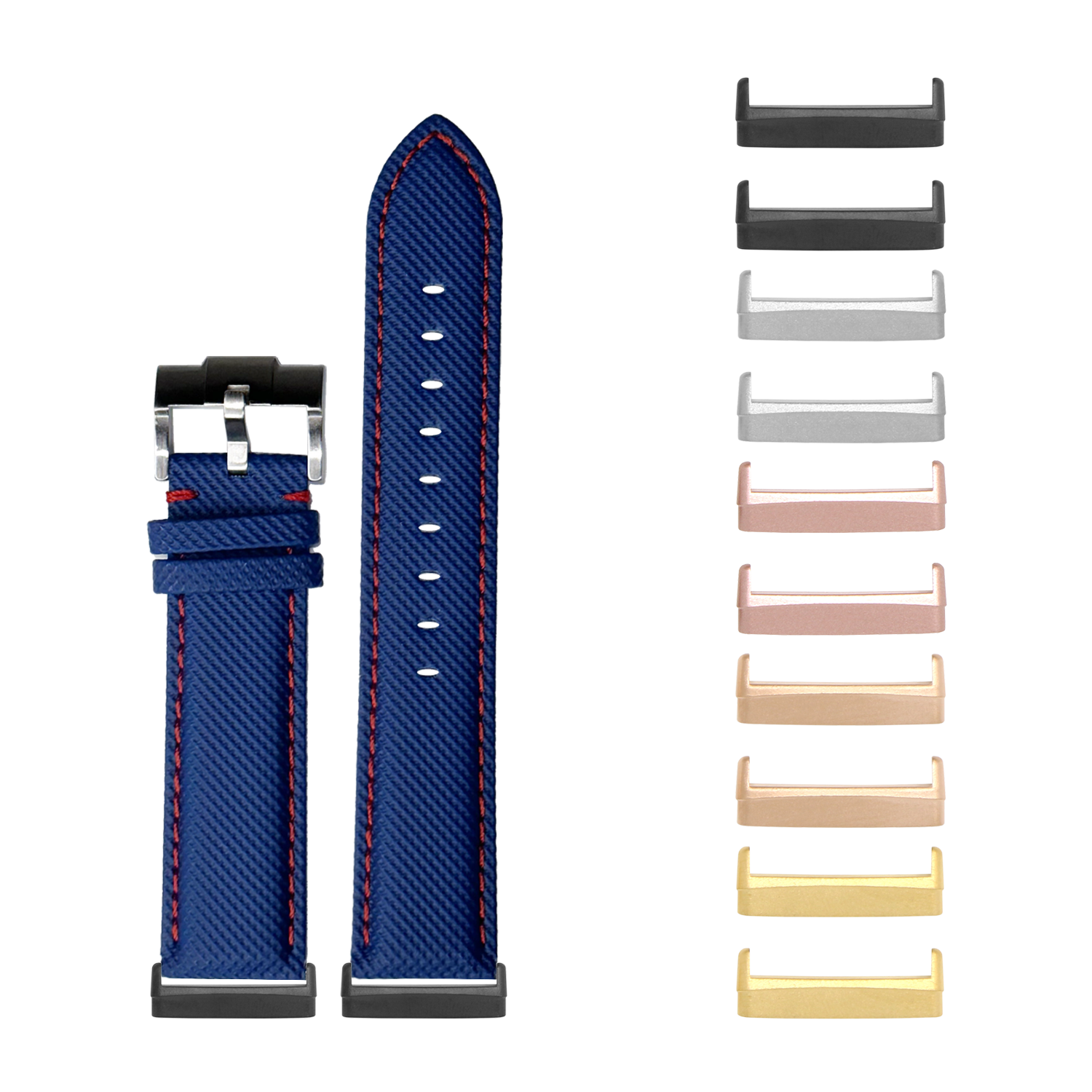 Blue sailcloth watch band with red stitching and interchangeable metal hardware for Fitbit Versa and Sense smartwatches