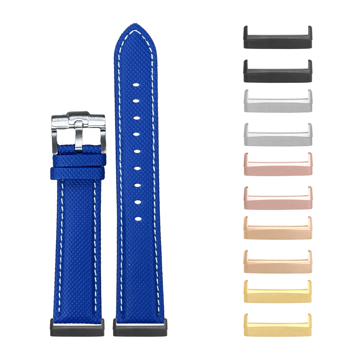 Blue sailcloth watch band with white stitching and interchangeable metal lugs in multiple finishes for Fitbit Versa and Sense
