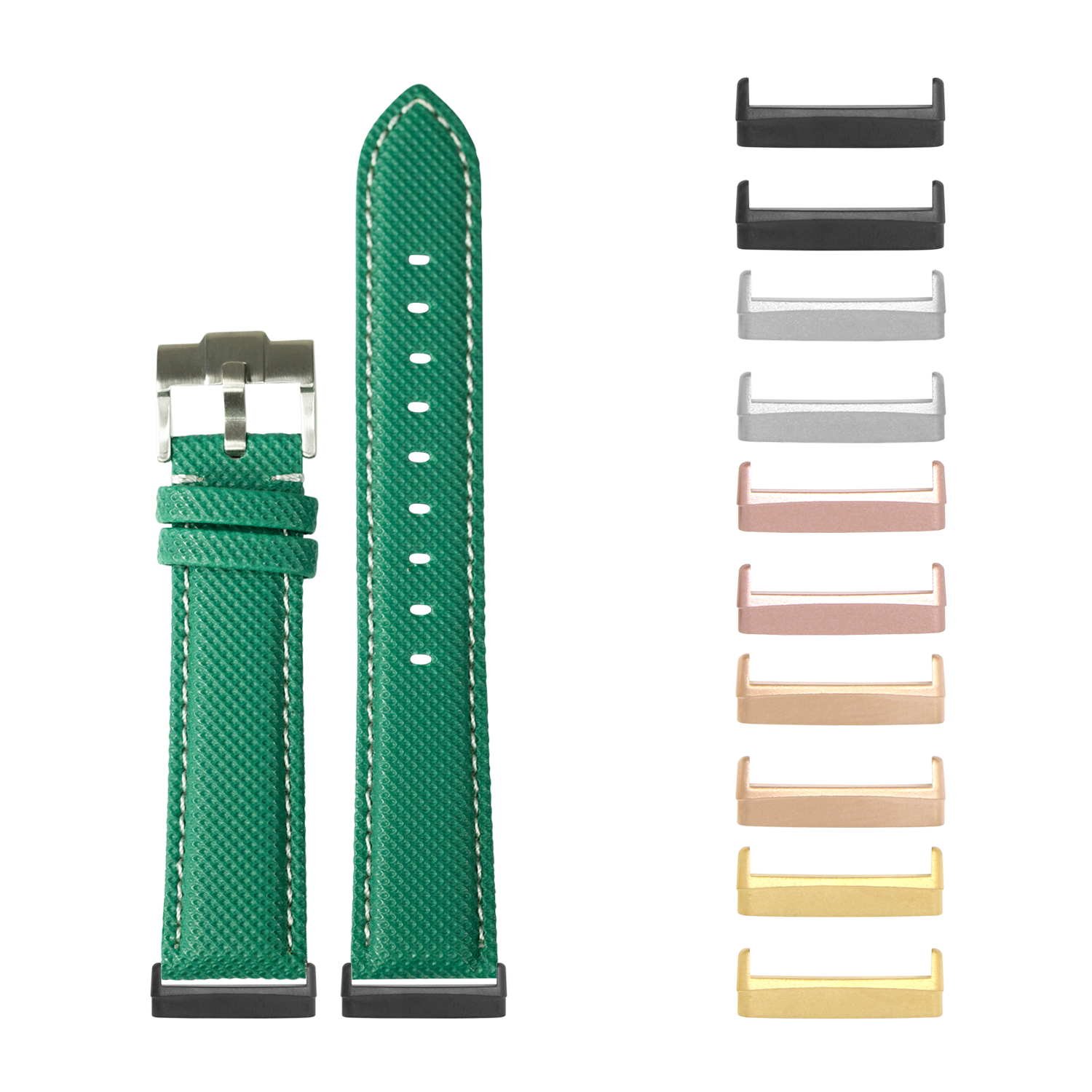 Green sailcloth watch band with white stitching and interchangeable metal case connectors in multiple finishes